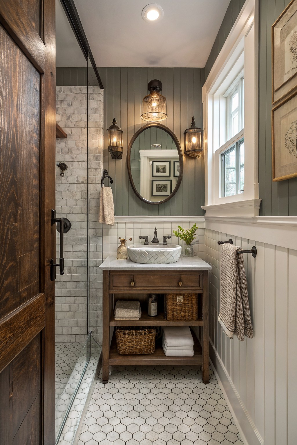 Cozy bathroom with wooden vanity, oval mirror, wall sconces, and hexagonal tiles.