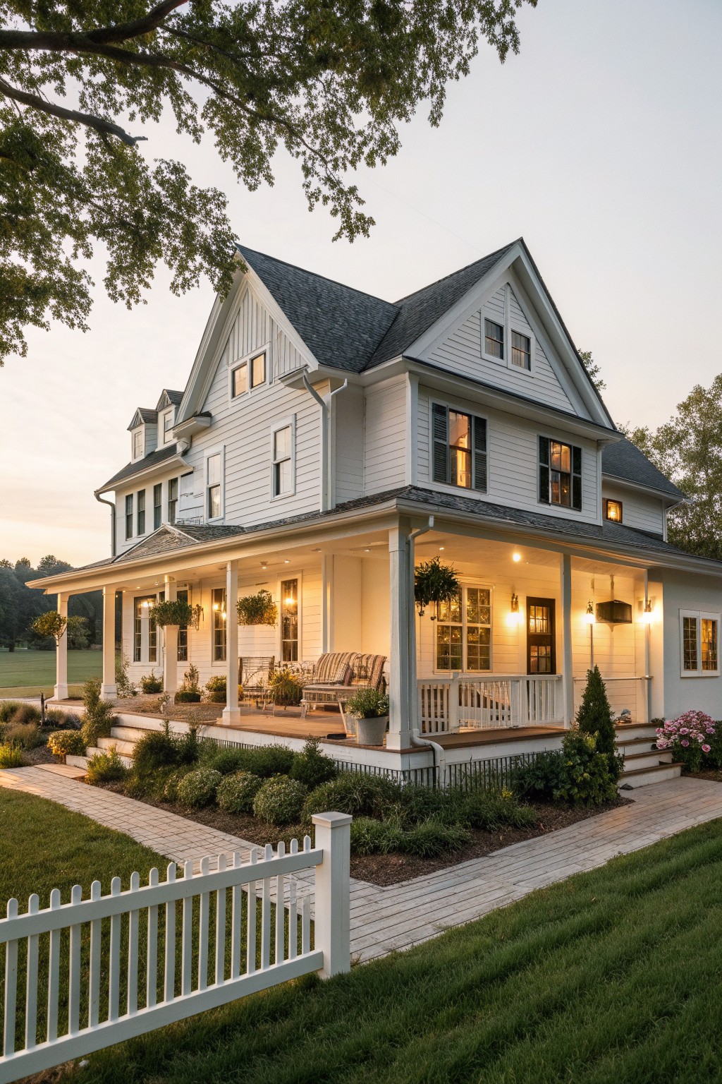 White two-story house with wraparound porch lit at dusk amid garden