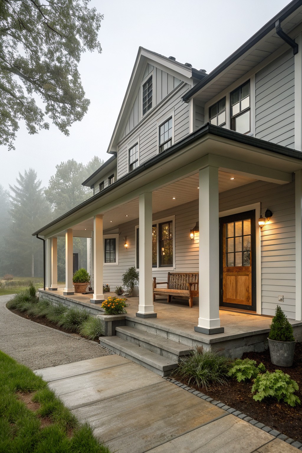 A light gray ranch farmhouse with a wide covered front porch supported by white columns, a wooden bench, potted plants, and concrete steps leading to the entrance.