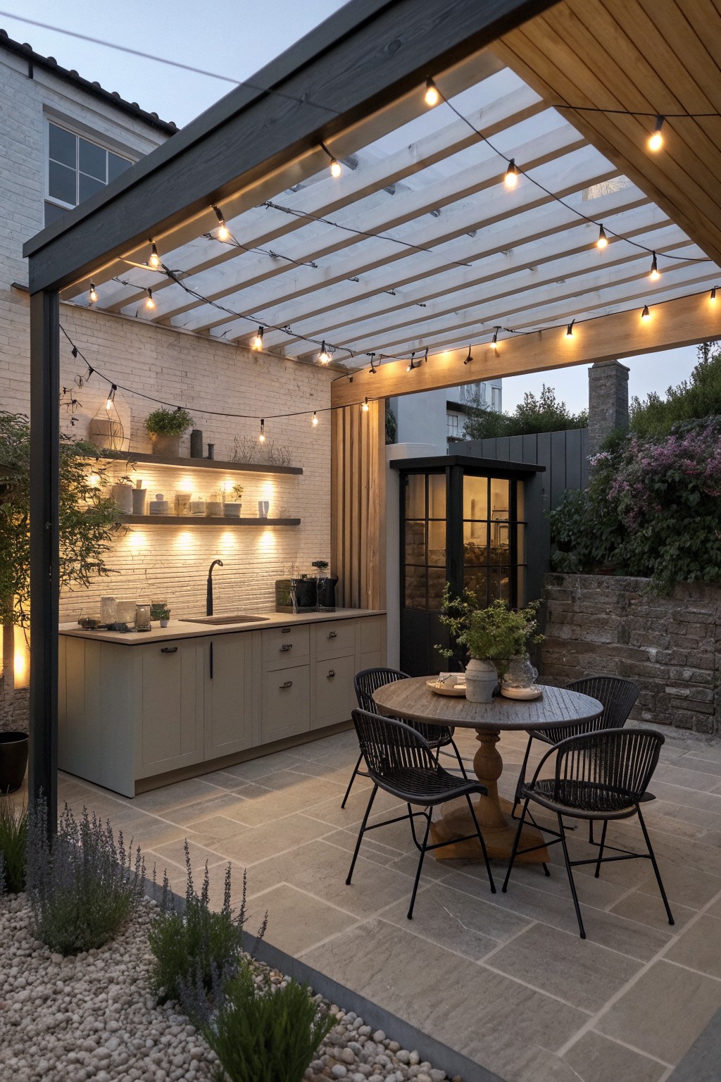 Outdoor kitchen with beige cabinets, round table, and string lights under wooden pergola