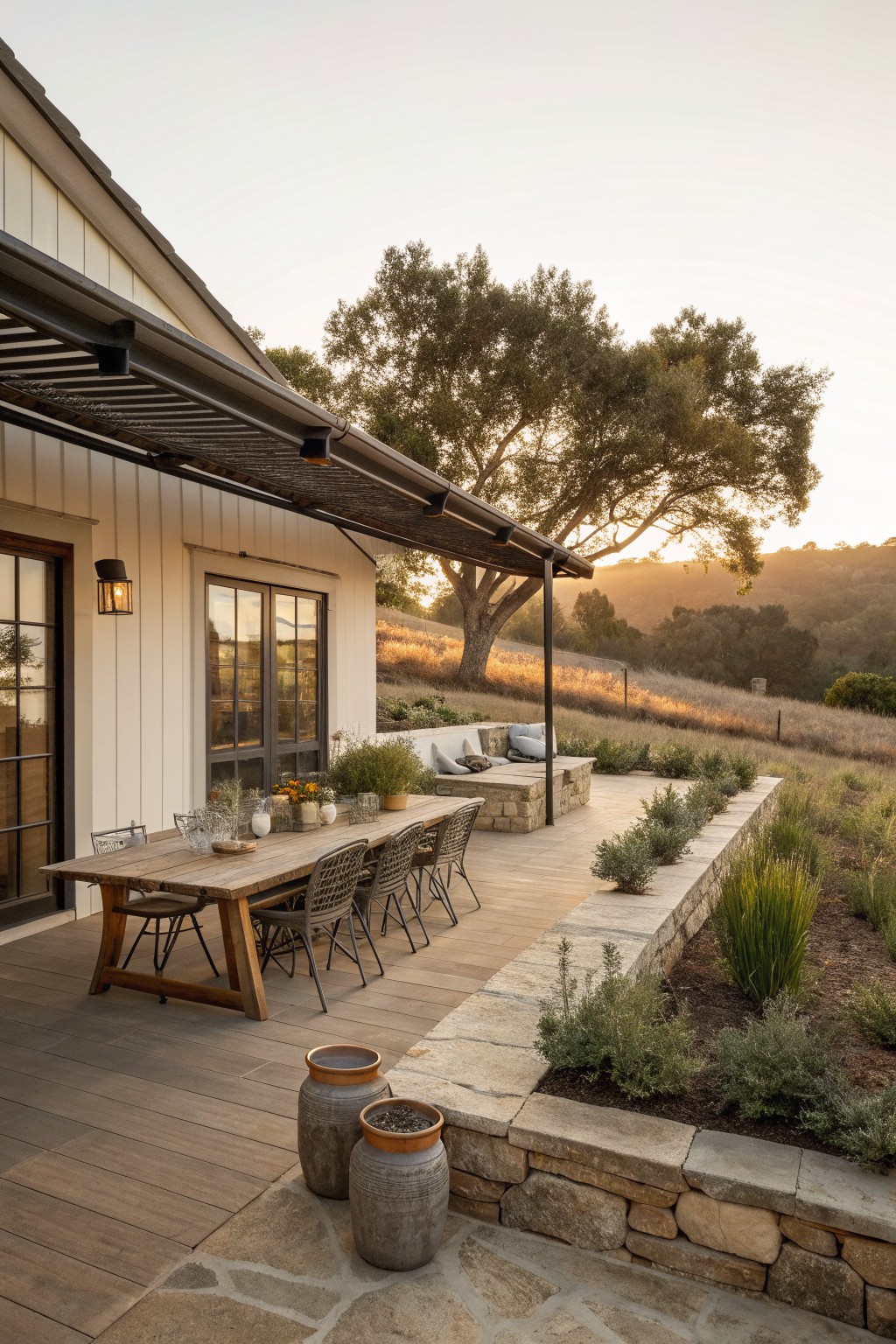 A long wooden dining table with woven chairs sits on a wooden deck under a dark awning attached to a white house, next to stone retaining walls and dry hills.