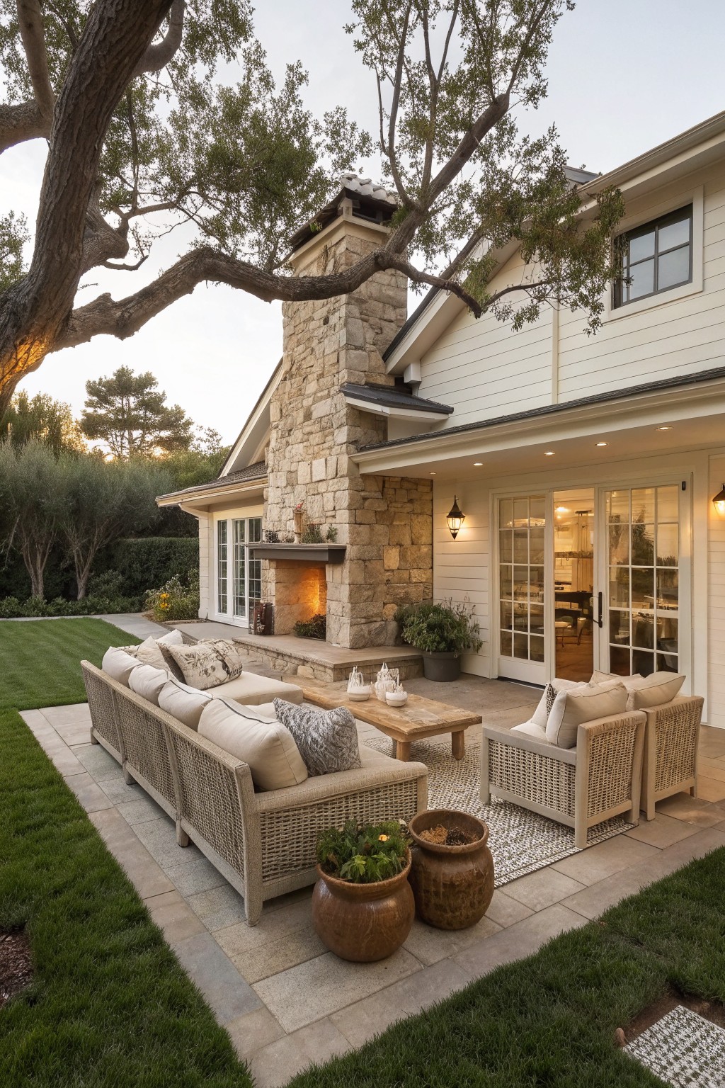 Outdoor patio with wicker sofa, armchairs, stone fireplace, and potted plants on tiled deck