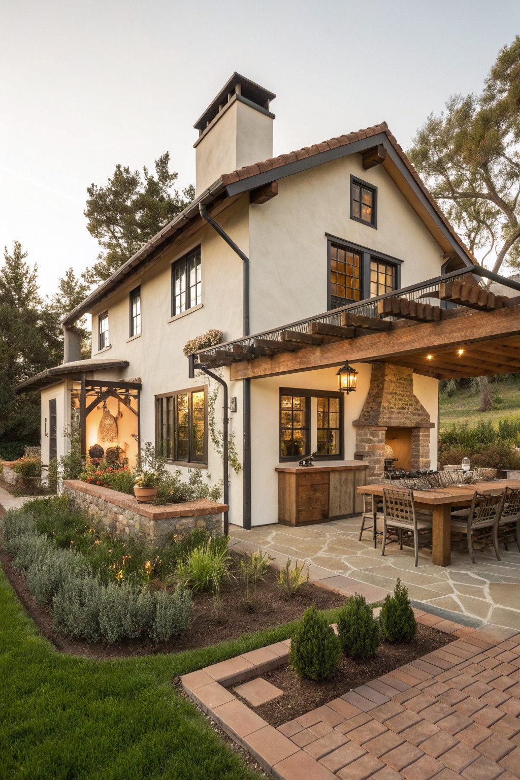 A stucco ranch house with dark trim, extended wooden beams forming a covered patio, a stone fireplace, and an outdoor dining table on a stone patio.