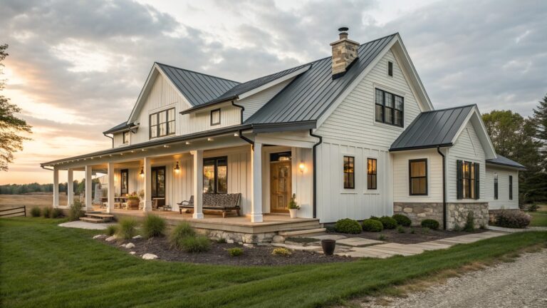 17 Cozy Ranch Farmhouse Exterior Ideas for Low-Slung Country Homes A white ranch farmhouse with a long covered porch supported by white columns, a wooden front door, and multiple windows under a dark metal roof.