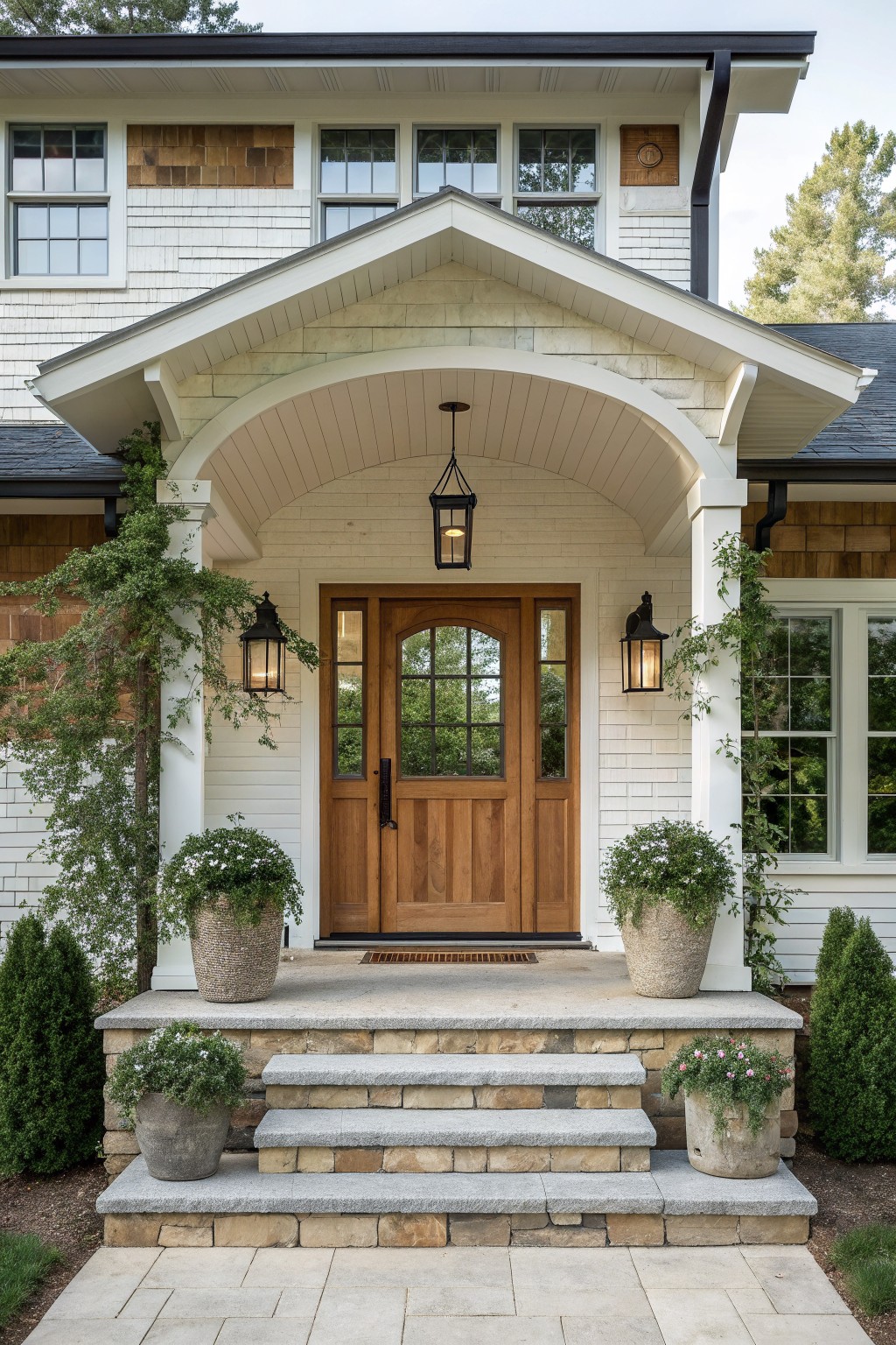 Front view of a white ranch-style house with a large arched porch covering a wooden front door, flanked by wall lanterns and potted plants on stone steps.