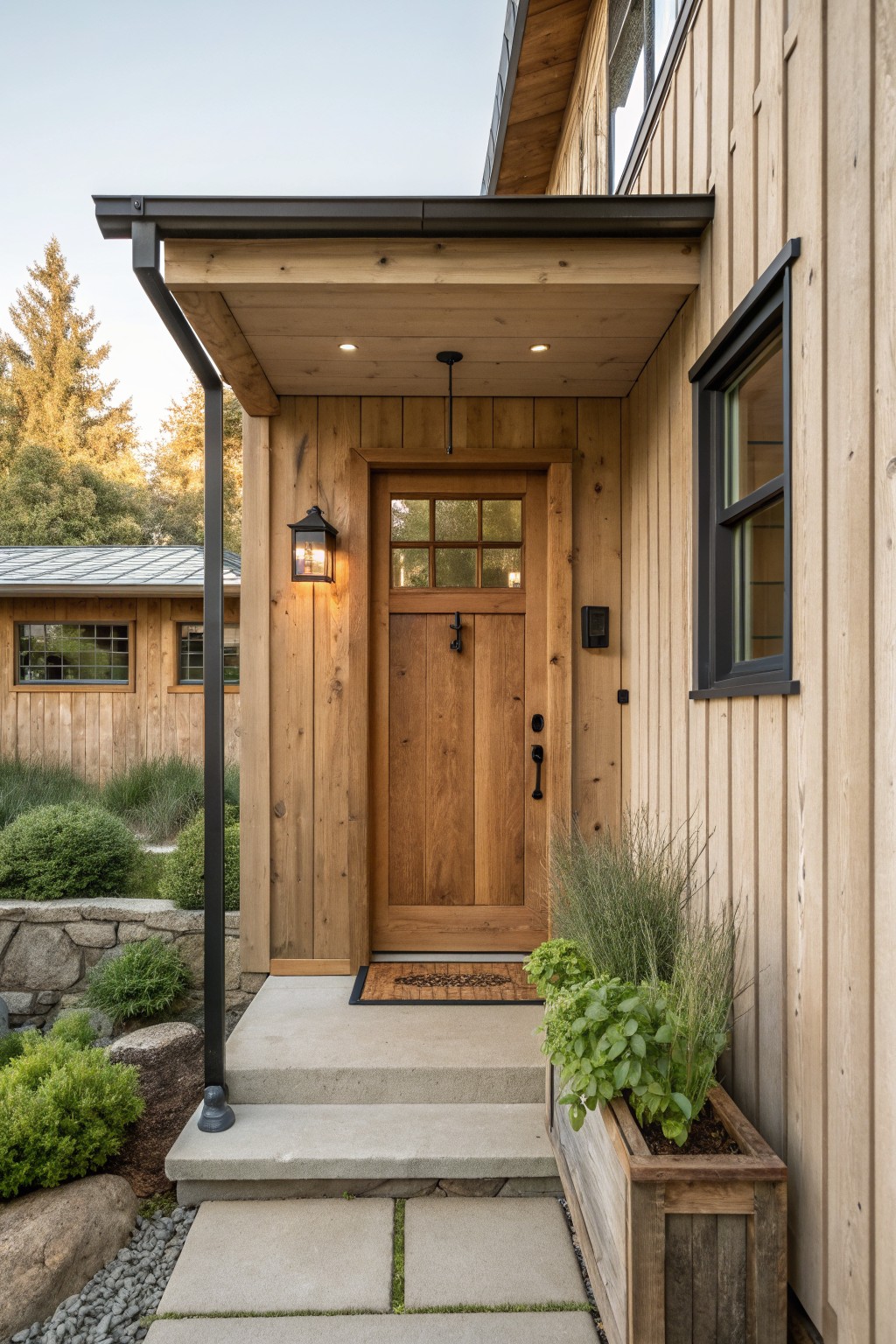 Wooden front door under covered porch with lantern, steps, and planter box
