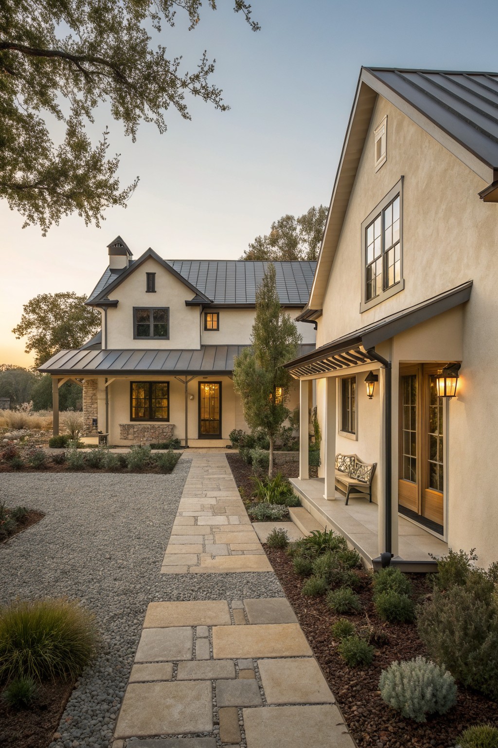 A light stucco ranch farmhouse with dark metal roofing, stone accents along the lower walls, and a stone pathway leading to the front entry.