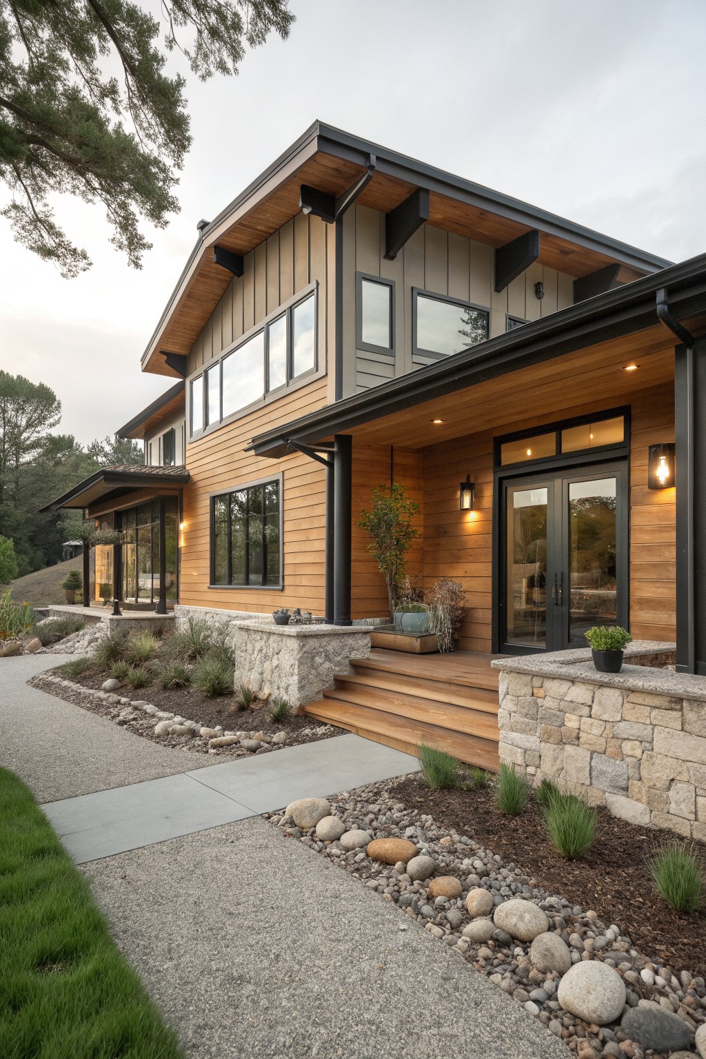 A modern ranch farmhouse exterior featuring horizontal wood siding, stone accents at the base, a covered wooden porch with steps, and surrounding rock landscaping.