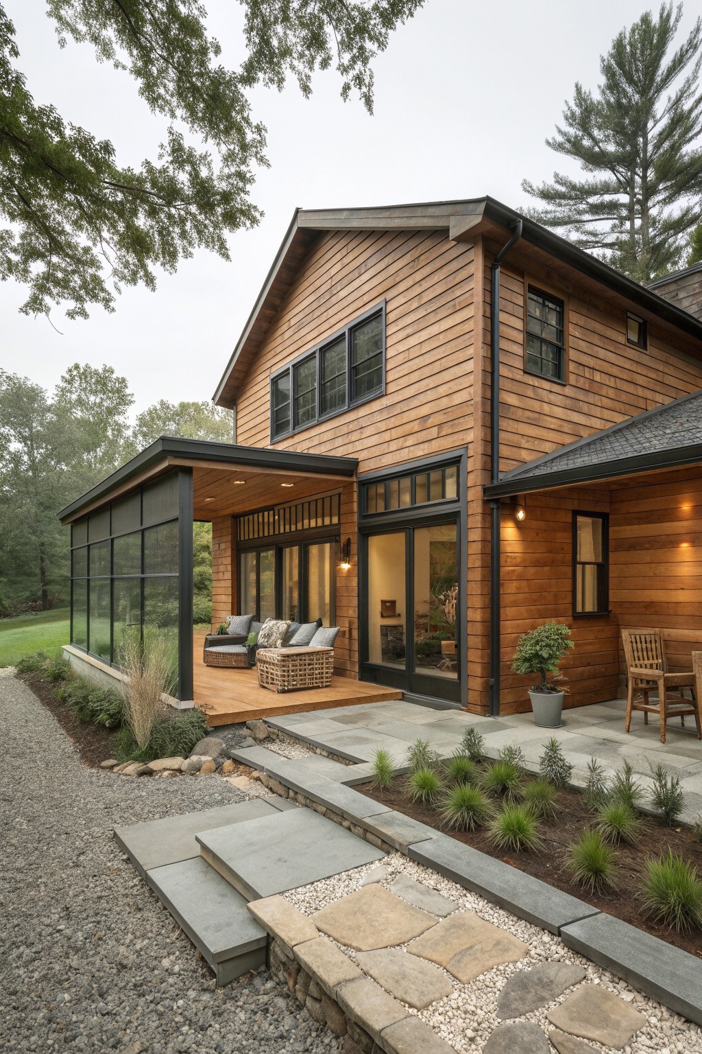 A two-story house with horizontal wood siding, black window frames, a covered wooden porch, and a stone patio with landscaping.