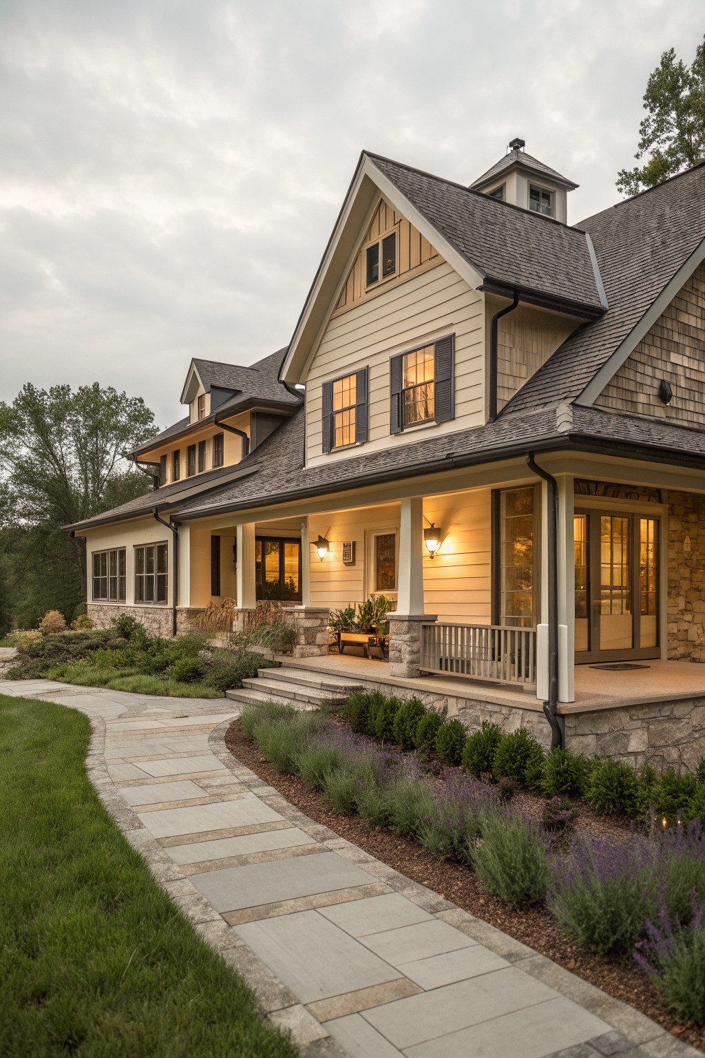 Large two-story house with lit porch, stone foundation, and curved pathway at dusk