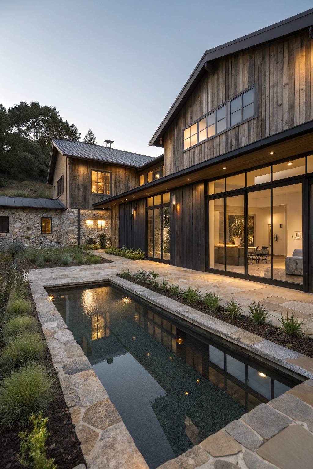 Modern wooden house with large windows beside a lit stone-edged reflecting pool at dusk