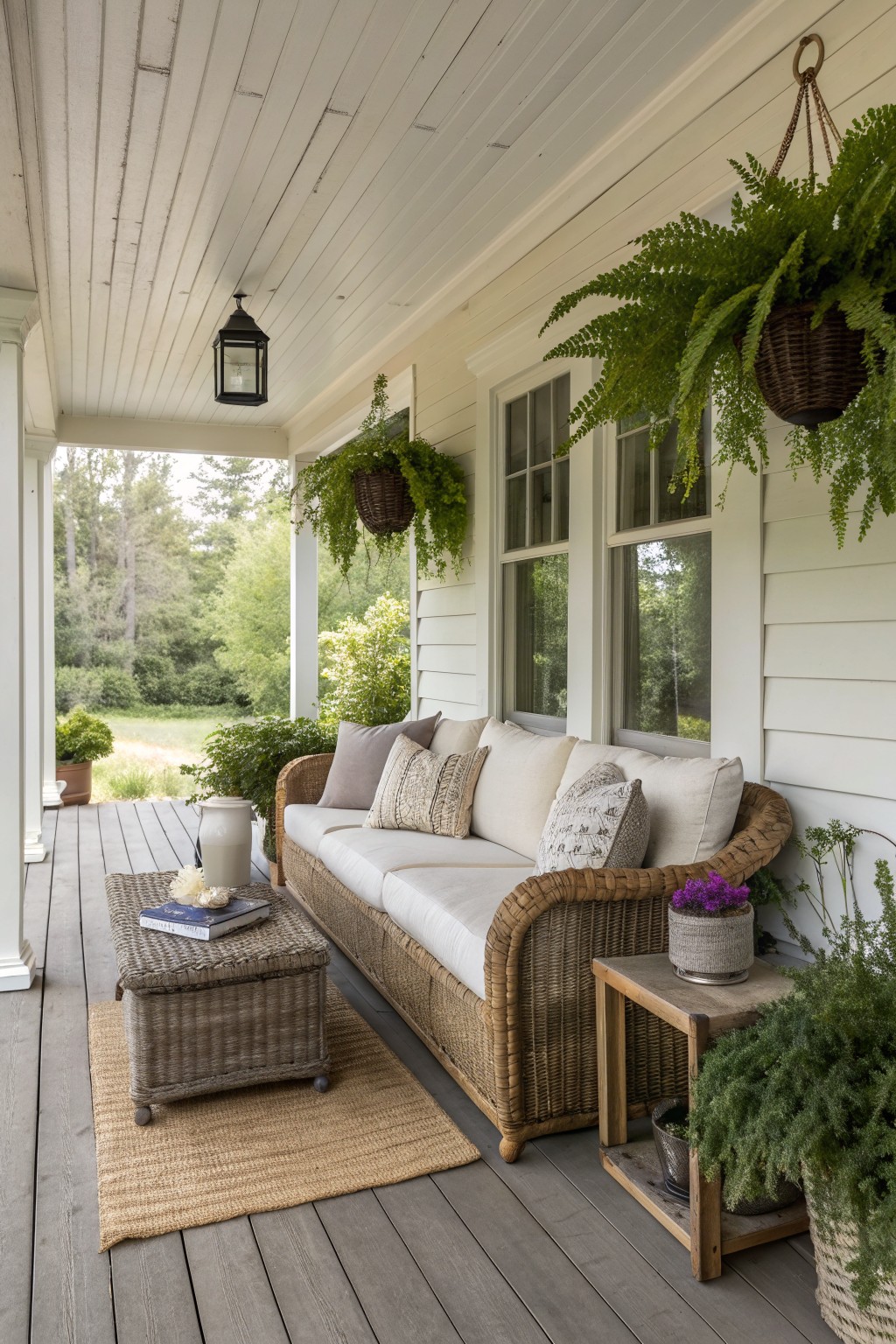 A covered porch with a long wicker sofa, matching coffee table on a jute rug, and hanging ferns beside white house siding.