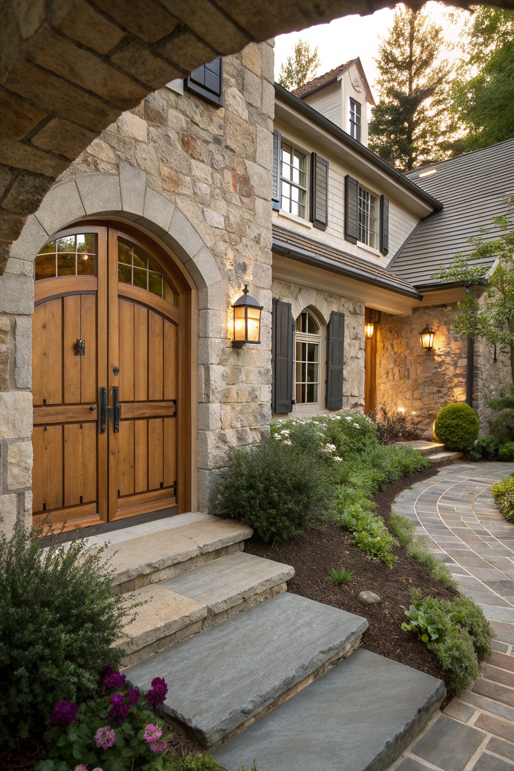 Stone farmhouse exterior featuring a prominent arched wooden double door entry with stone steps and surrounding landscaping.