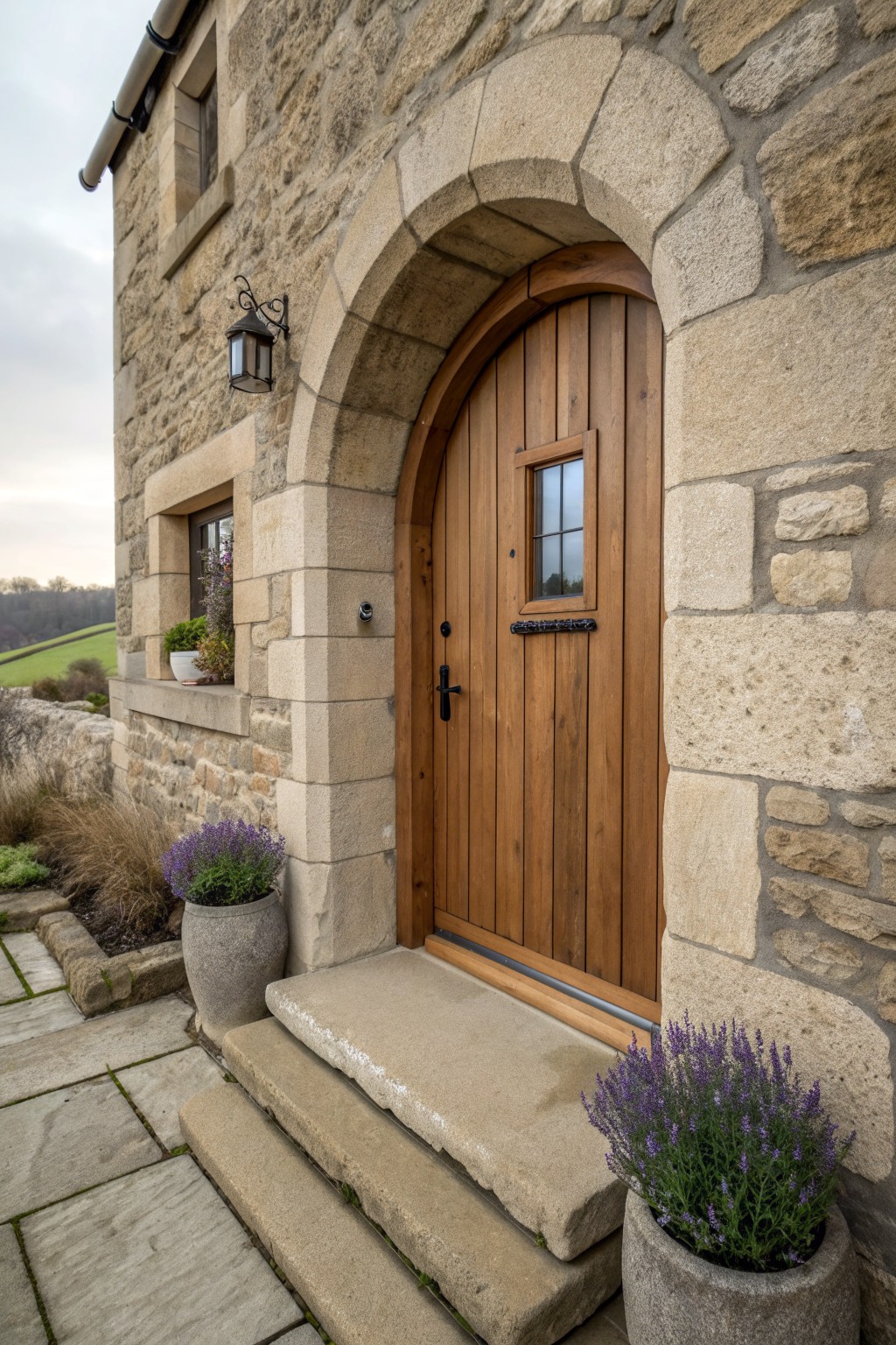 A wooden door set inside a large stone arch on the facade of a stone house, with stone steps and two potted plants nearby.