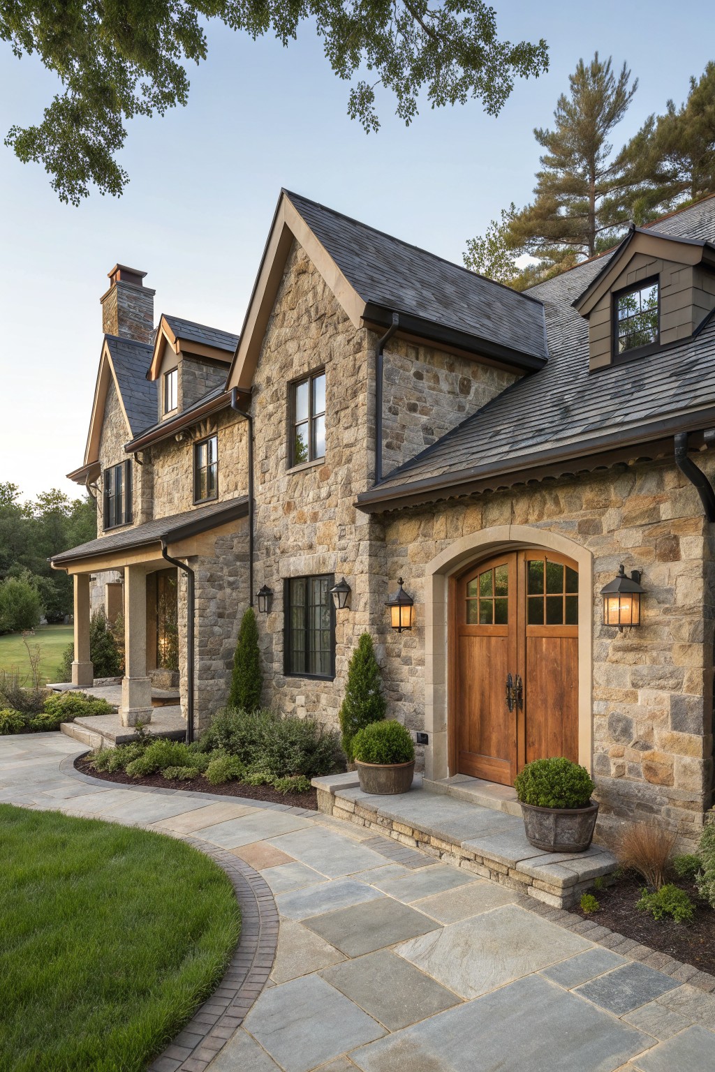 A stone farmhouse with a wooden double door centered under a stone arch, flanked by wall lanterns and potted plants beside a paved walkway.