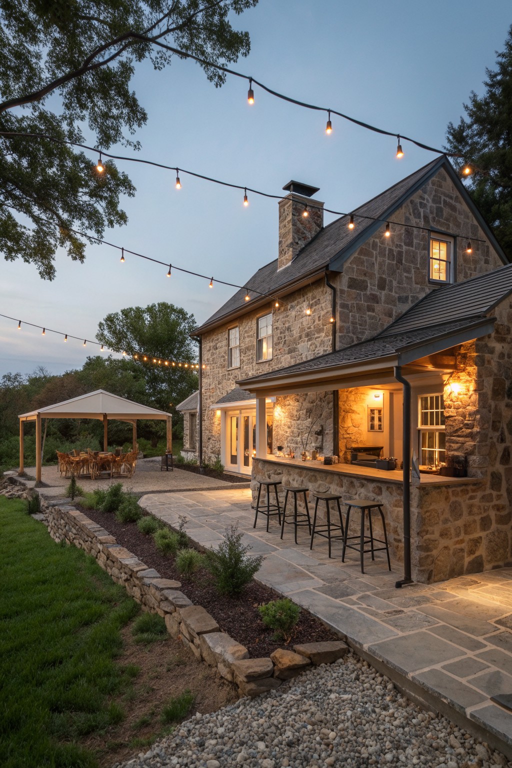 Stone farmhouse exterior with an attached outdoor bar counter, four stools, and string lights over a stone patio.