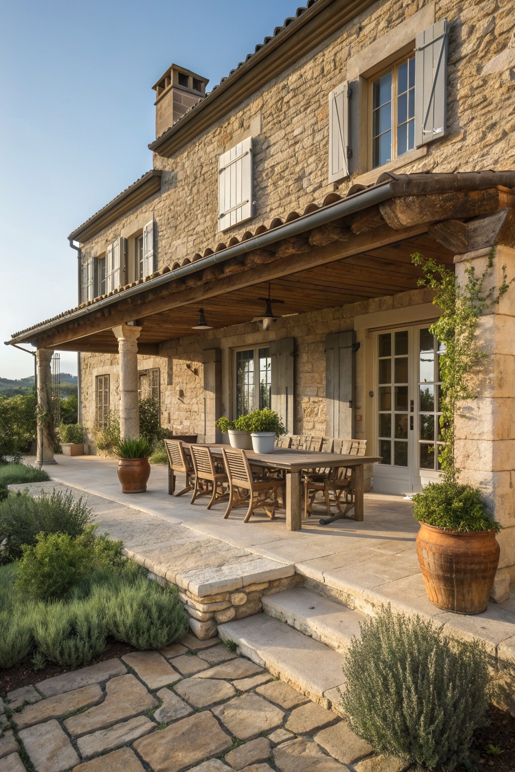 A stone farmhouse exterior with a wide covered wooden porch, long dining table and chairs, and large terracotta pots along the stone patio.