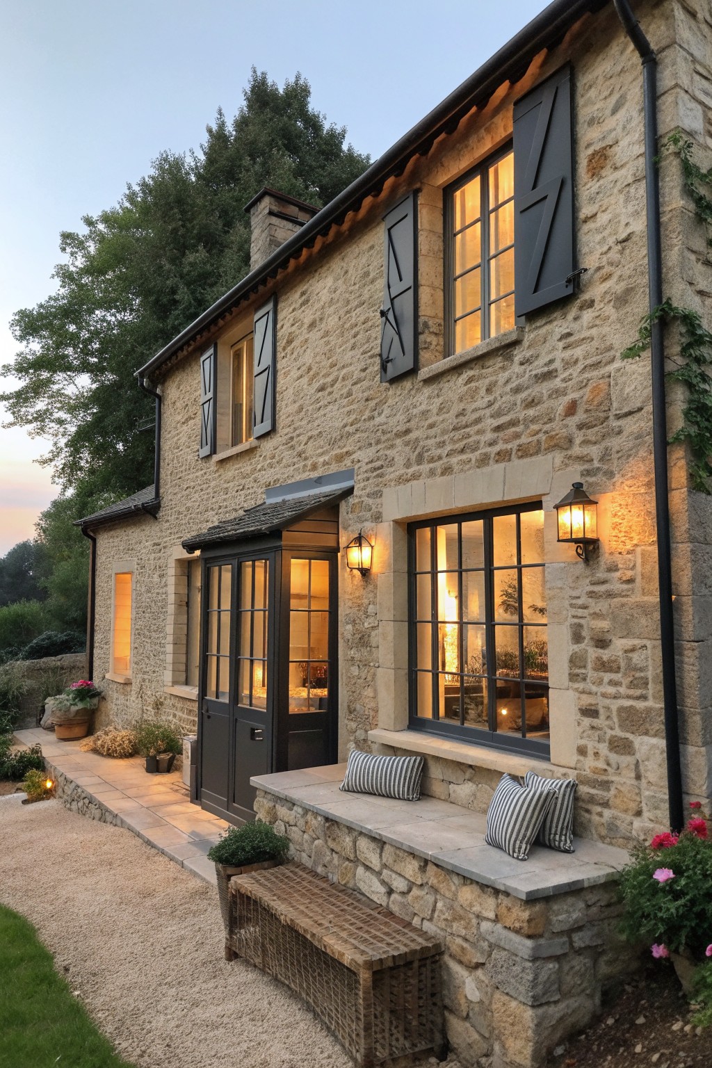 Rustic stone cottage with black shutters, glowing windows, and striped cushions at dusk.