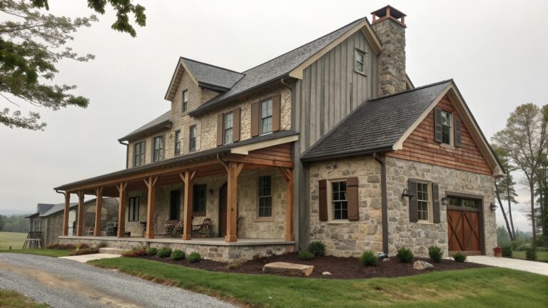 18 Elegant Stone Farmhouse Exterior Ideas for Refined Rustic Character Stone house with lit porch, chimney, and gravel drive at twilight dusk