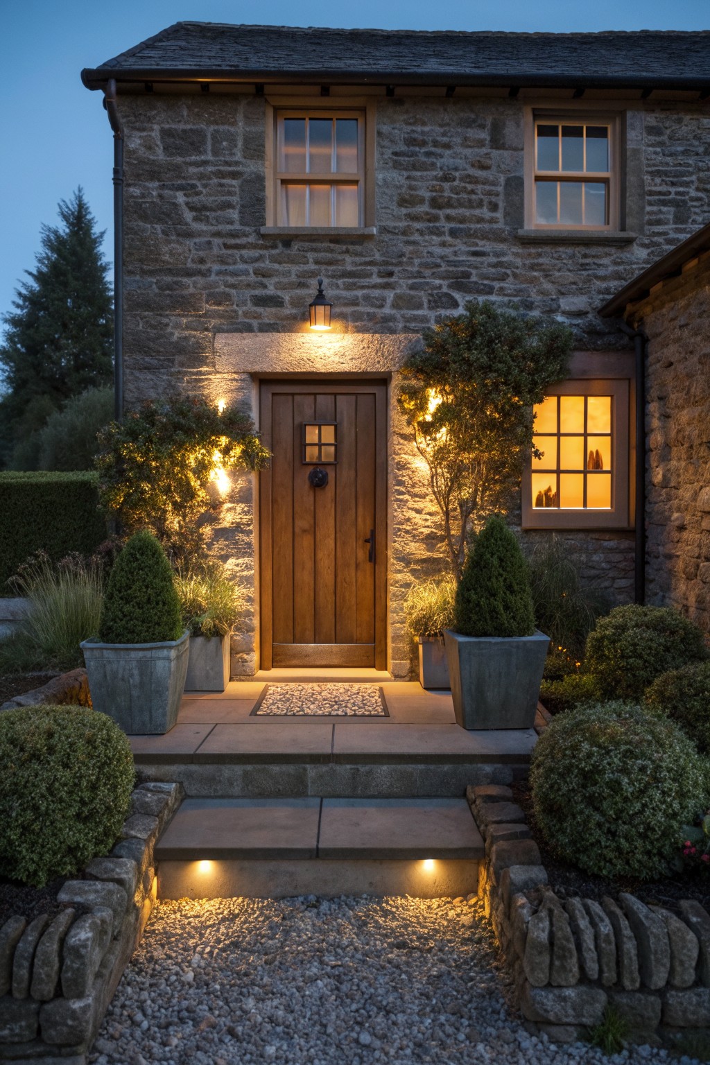 Illuminated stone house doorway with wooden door, potted shrubs, and lit steps at dusk