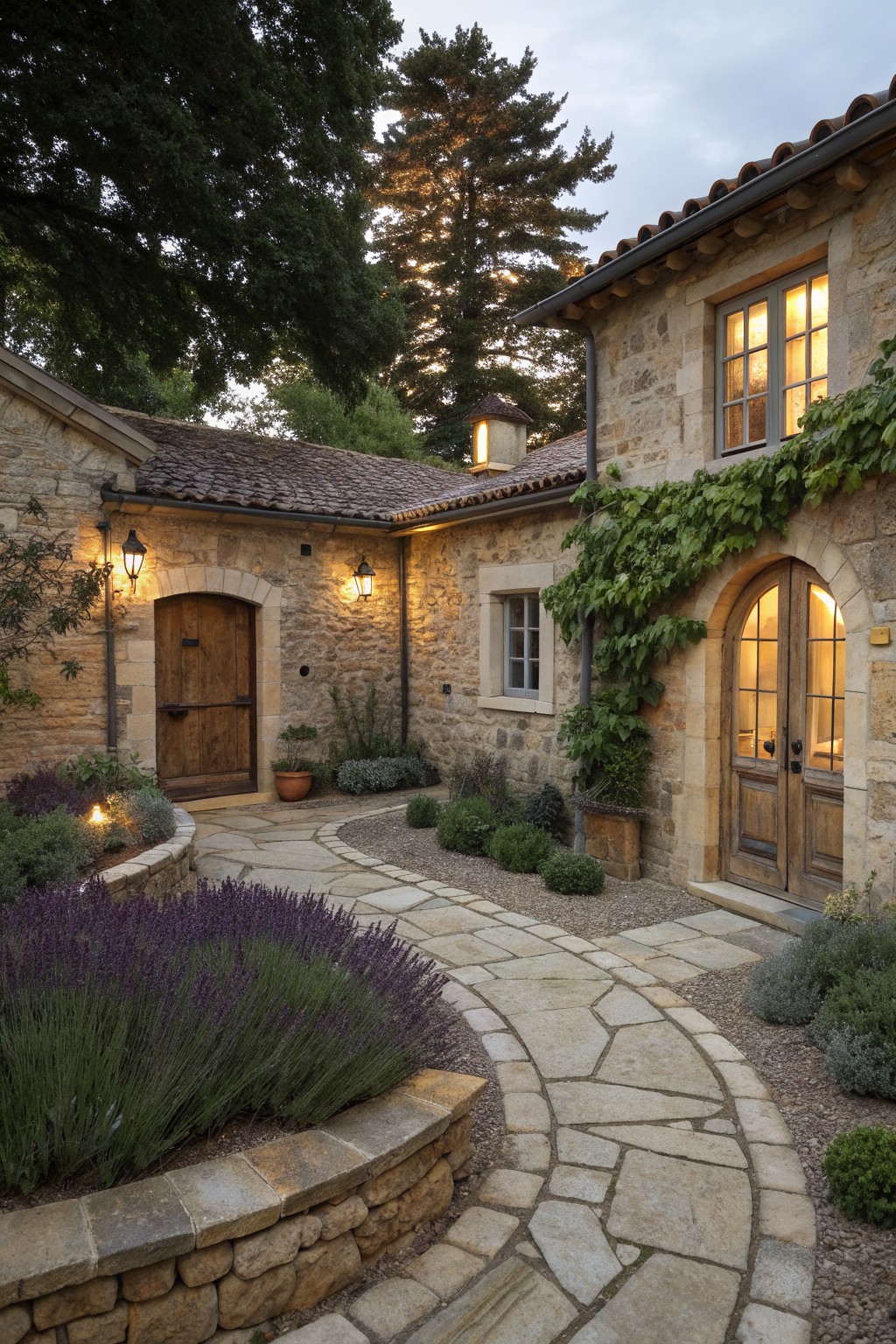 A stone farmhouse exterior featuring arched wooden doors, a curved flagstone path, and garden beds with lavender and shrubs.