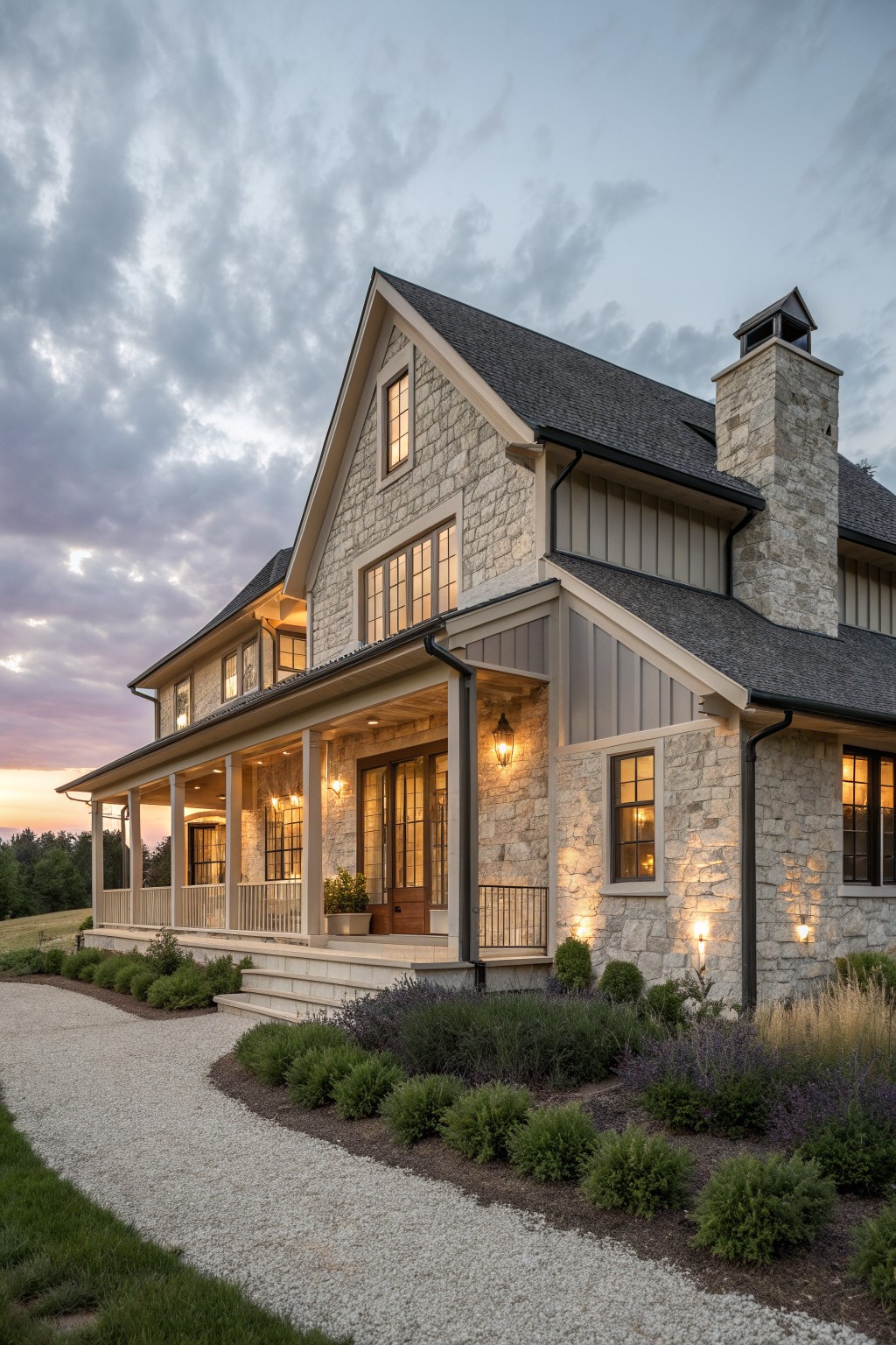 Stone house with lit porch, chimney, and gravel drive at twilight dusk