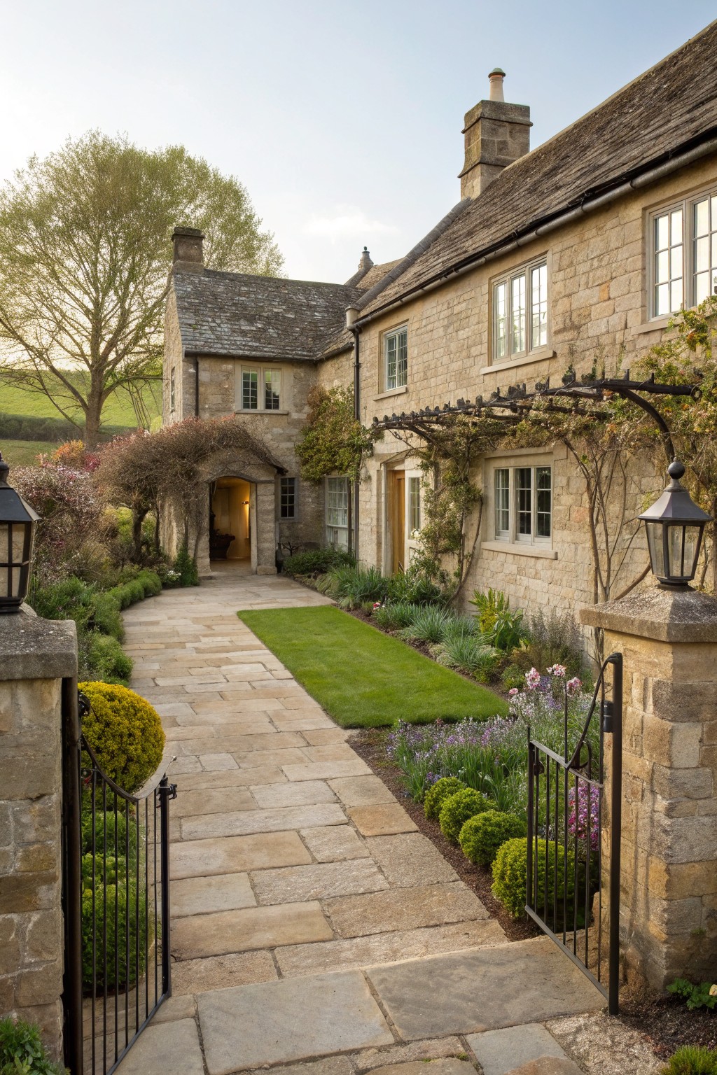A stone farmhouse exterior with a wide paved pathway leading from a metal gate to the front door, bordered by grass and garden beds.