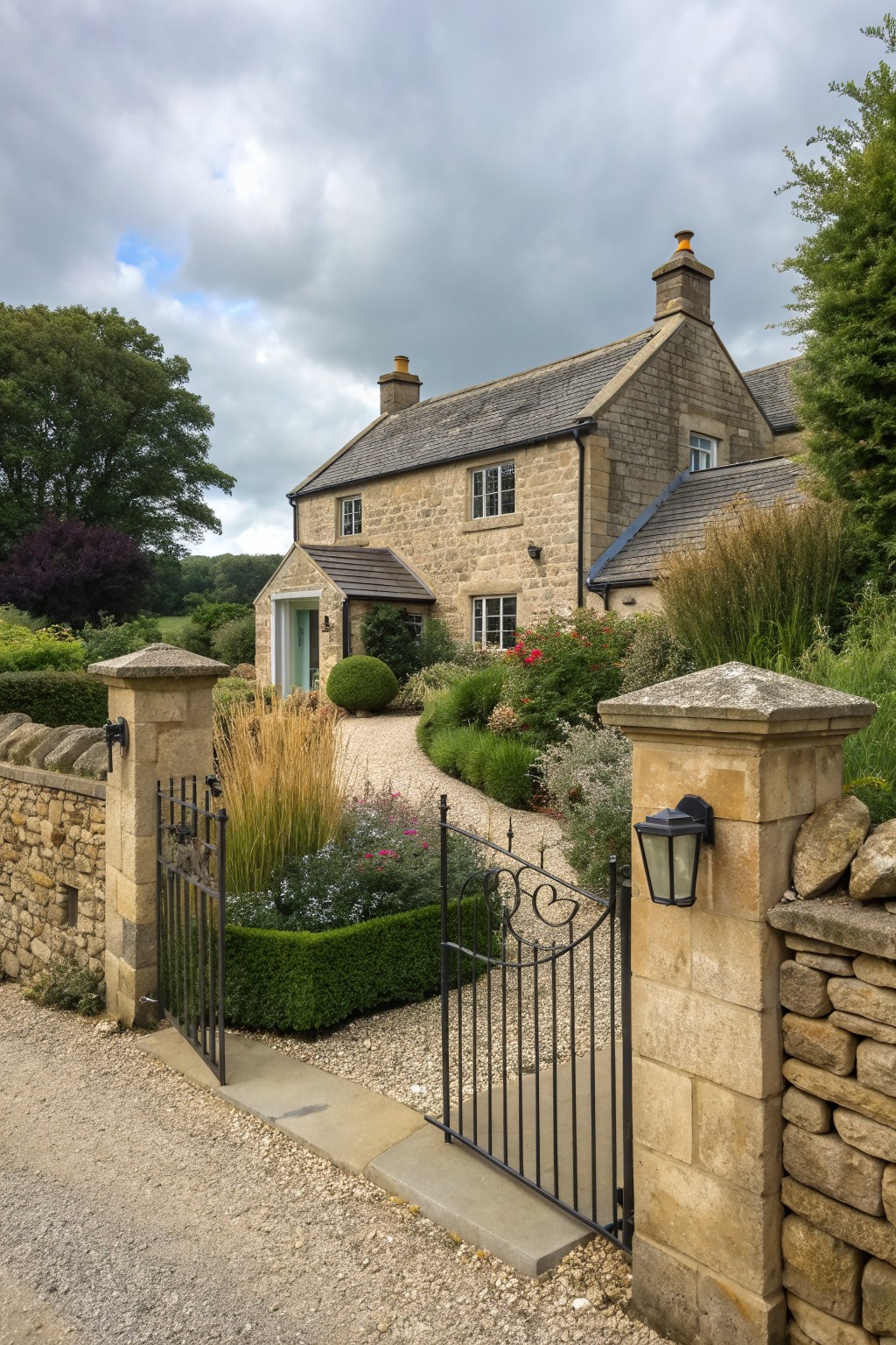 A stone farmhouse exterior seen through open black metal gates between matching stone pillars on a gravel driveway.