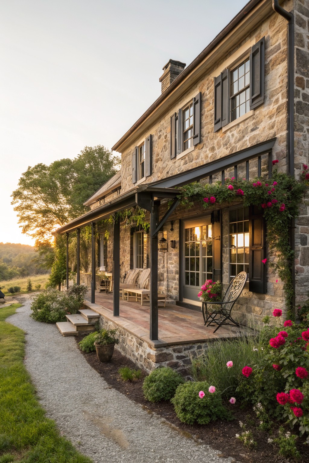 A two-story stone farmhouse with a covered porch, dark shutters on the windows, and pink roses climbing along the right side.