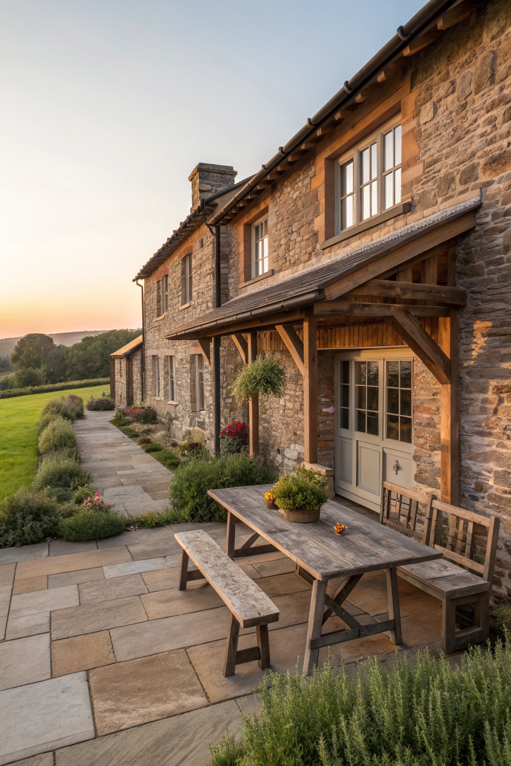 Stone farmhouse exterior with wooden beams supporting a covered patio area that holds a long wooden table and benches beside a gray door.