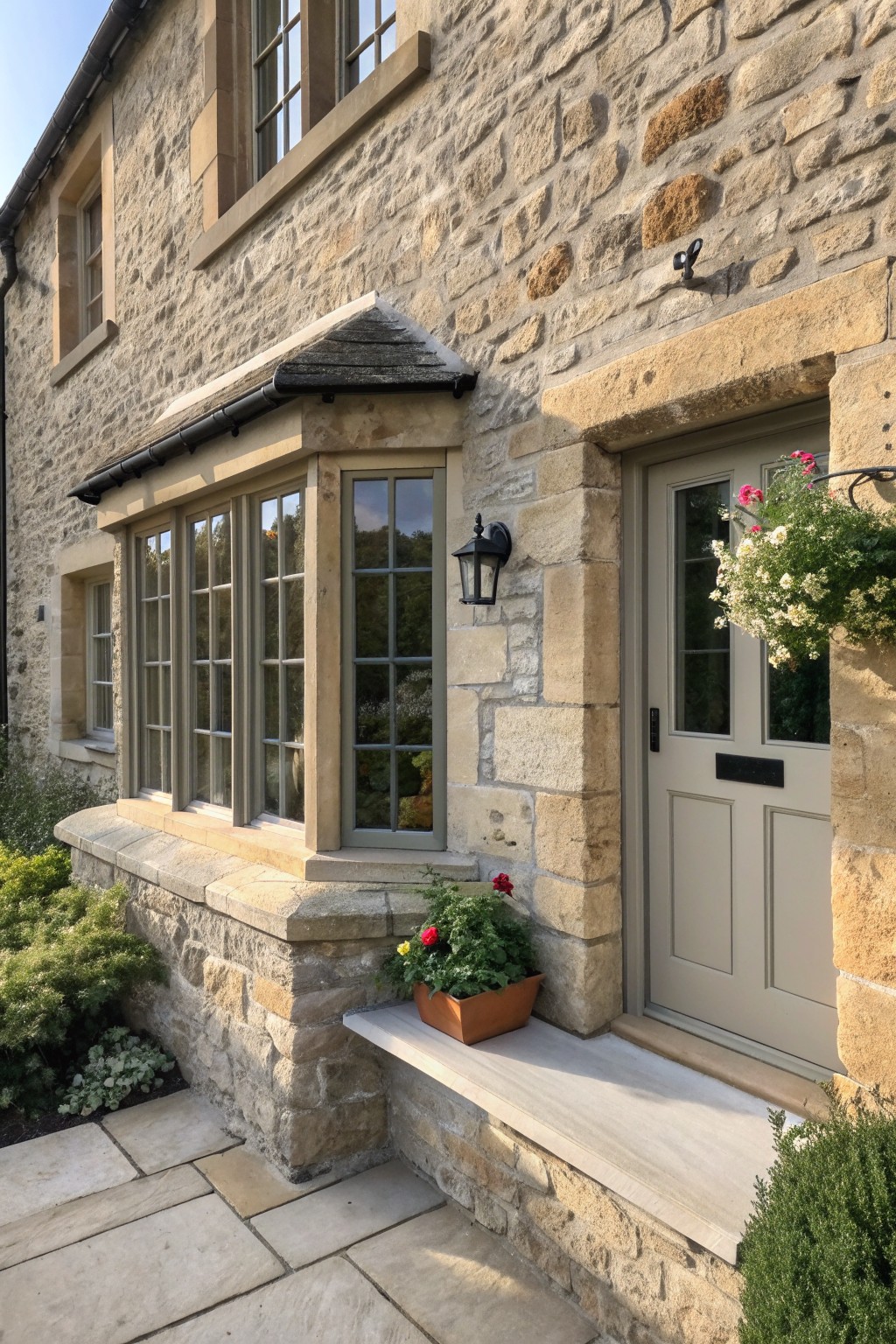 Stone house with bay window, beige door, potted flowers on ledge, and hanging blooms.