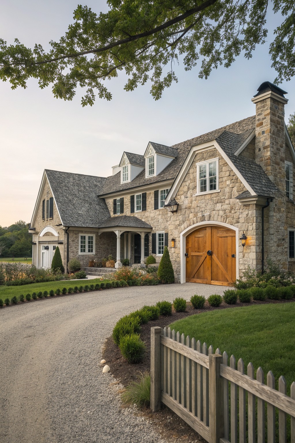 A two-story stone farmhouse with a large wooden double garage door, multiple gabled roofs, black shutters, and a curved gravel driveway in front.