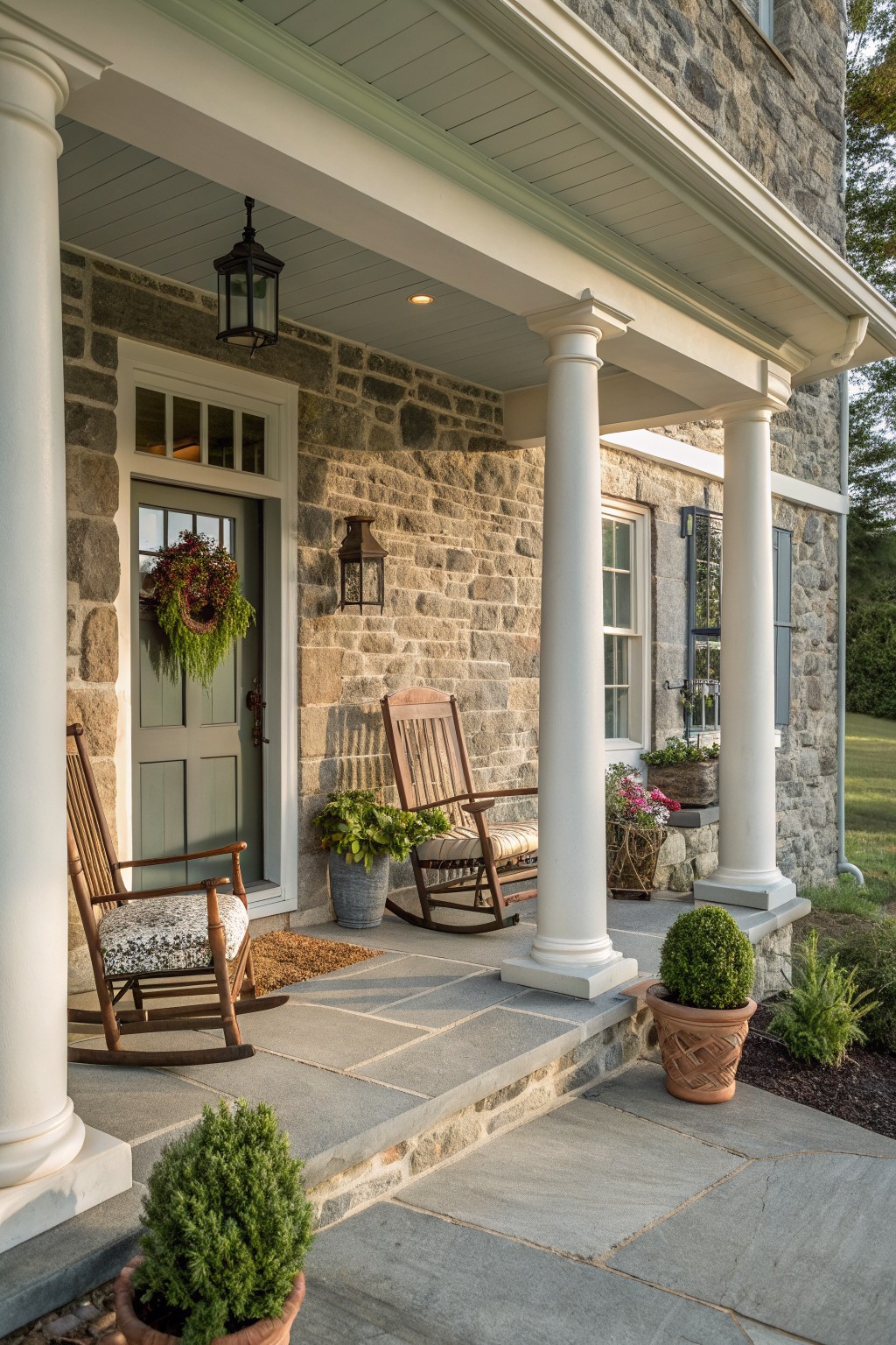Stone house porch with white columns, wooden rocking chairs, potted plants, and wreath.