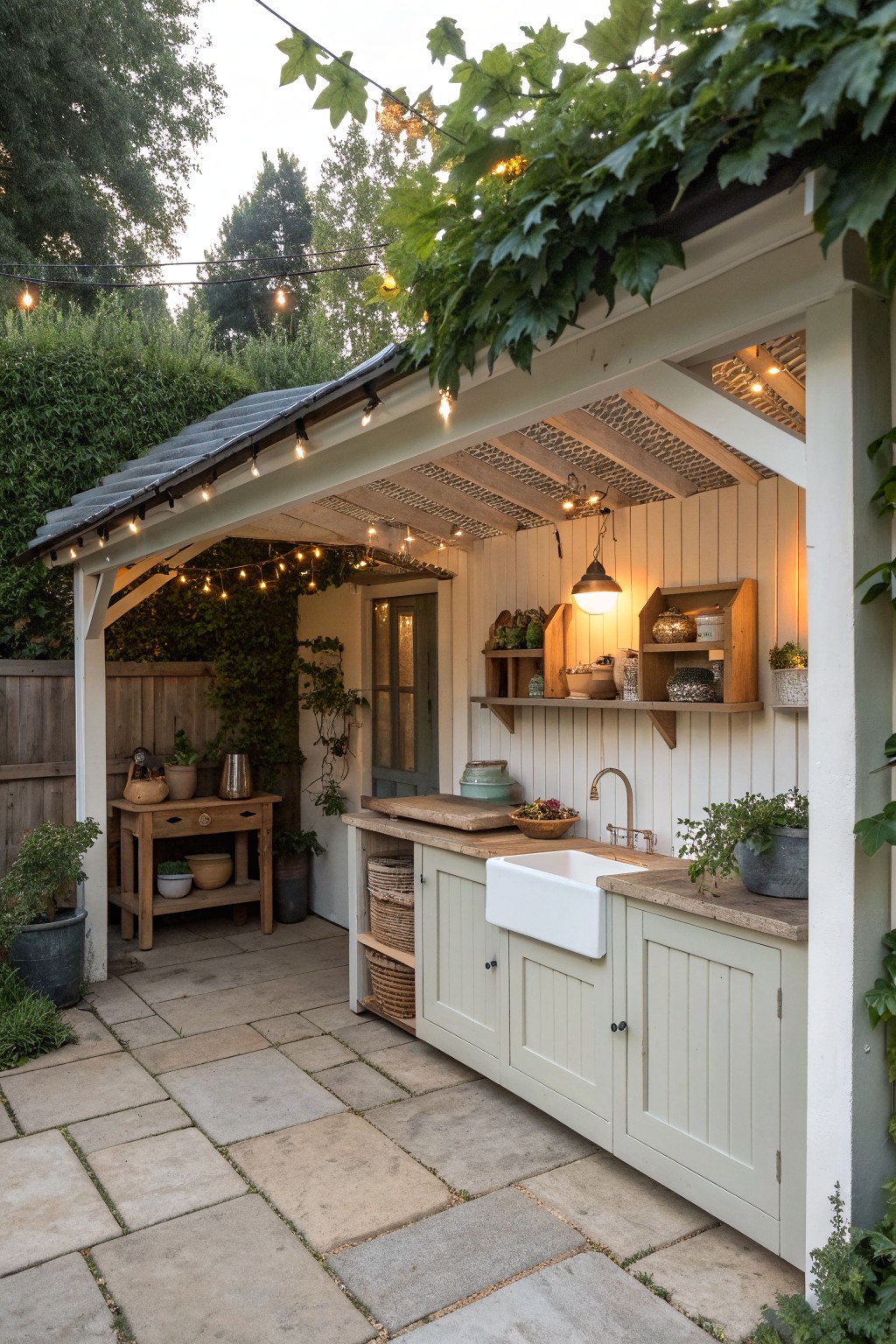An outdoor kitchen with light green cabinets, a white farmhouse sink, wooden counters, and open shelving, set under a covered structure on a stone patio with string lights.