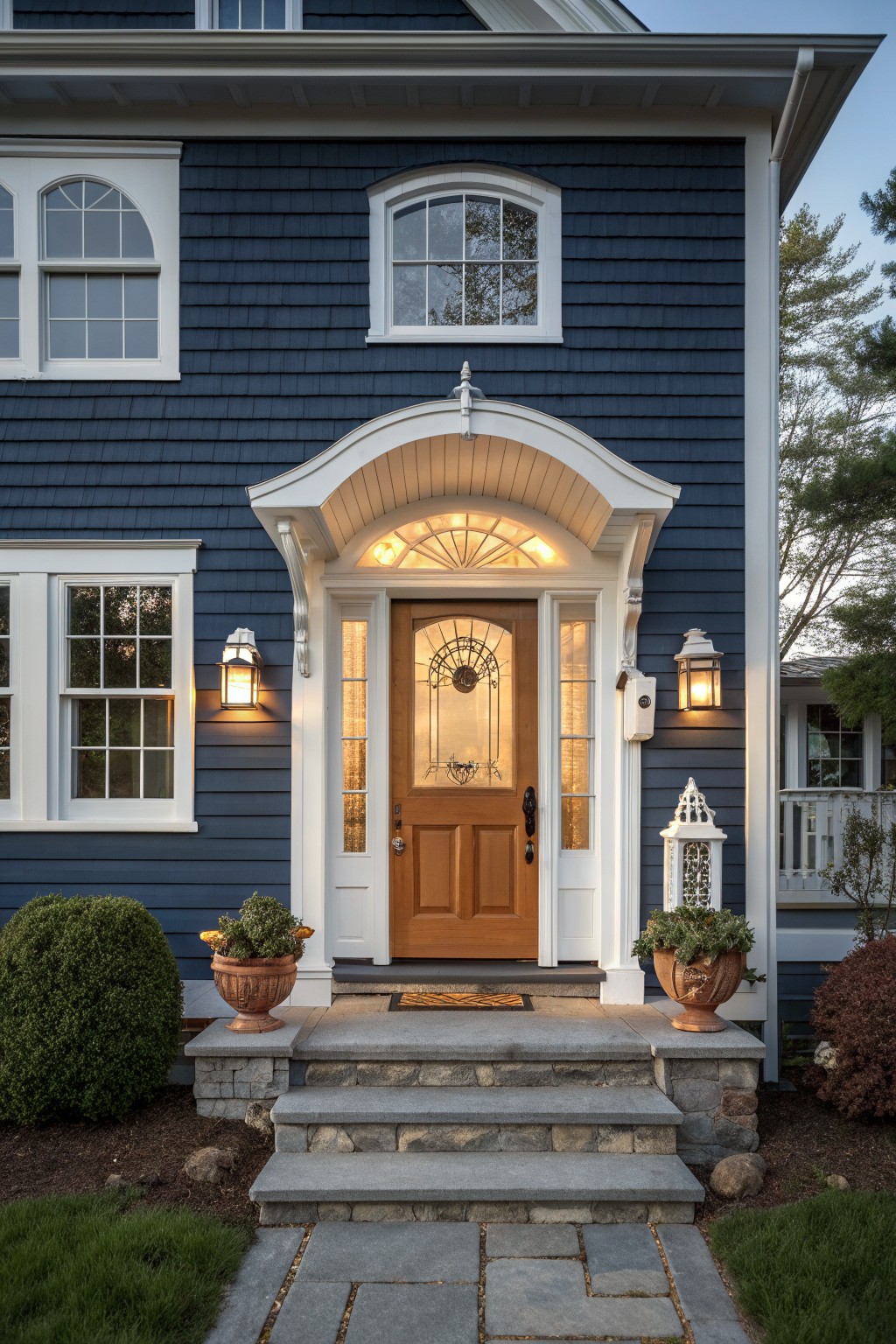 Front view of a blue shingled house with a white arched portico over a wooden door, stone steps, and potted plants flanking the entry.