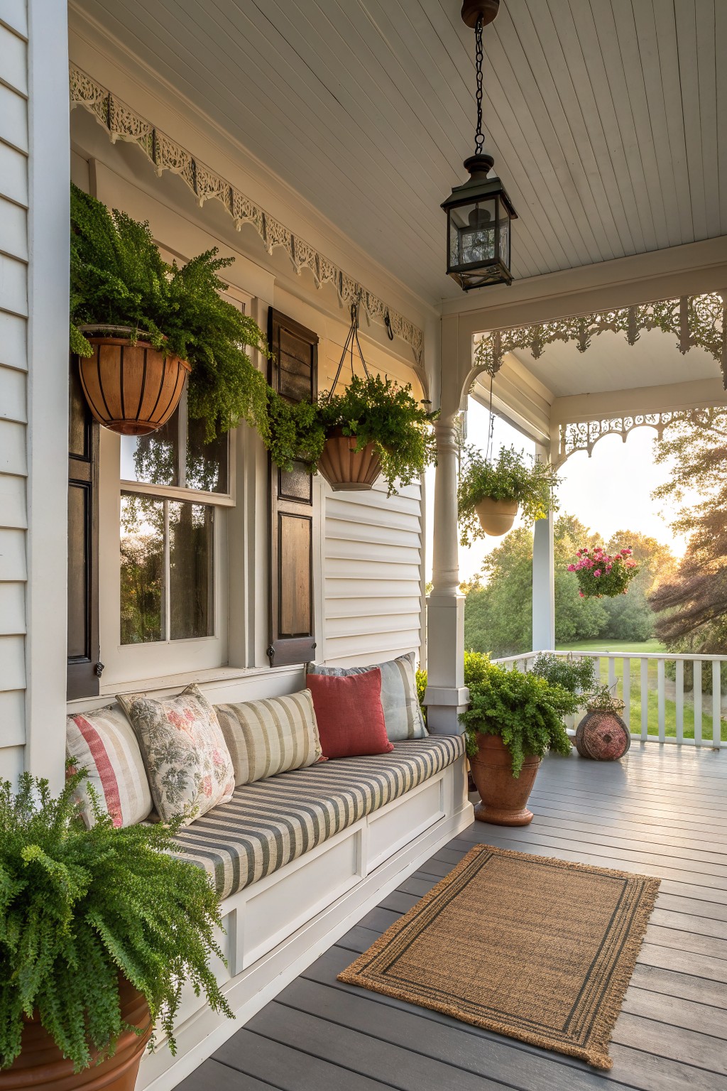 A white Victorian farmhouse porch features a long built-in bench with striped cushions and pillows, hanging ferns in wooden baskets, a black lantern, and a woven rug on dark wood flooring.