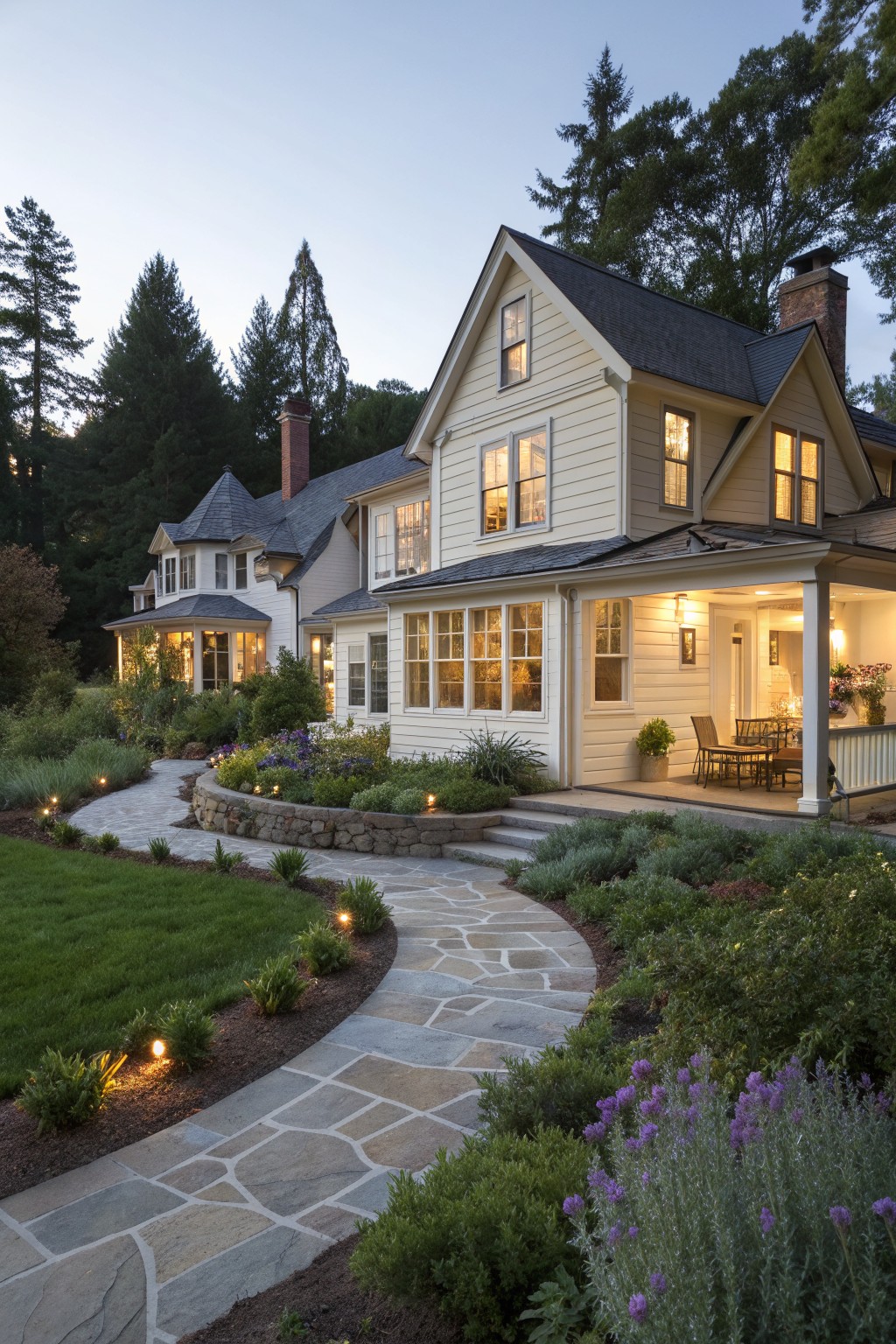 A two-story Victorian farmhouse with pale siding, multiple gables, and a lit porch, seen from a curved stone path bordered by layered garden beds at dusk.