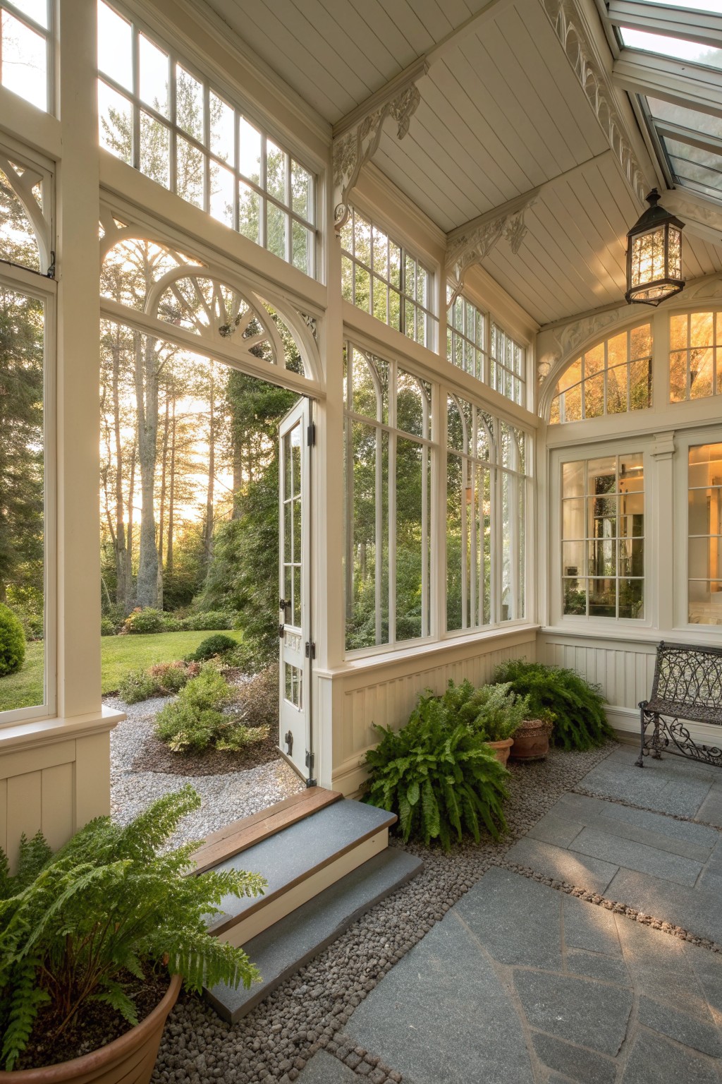 A white wooden enclosed porch with tall multi-paned windows, an open double door, stone tile floor, potted ferns, a black metal bench, and a hanging lantern.