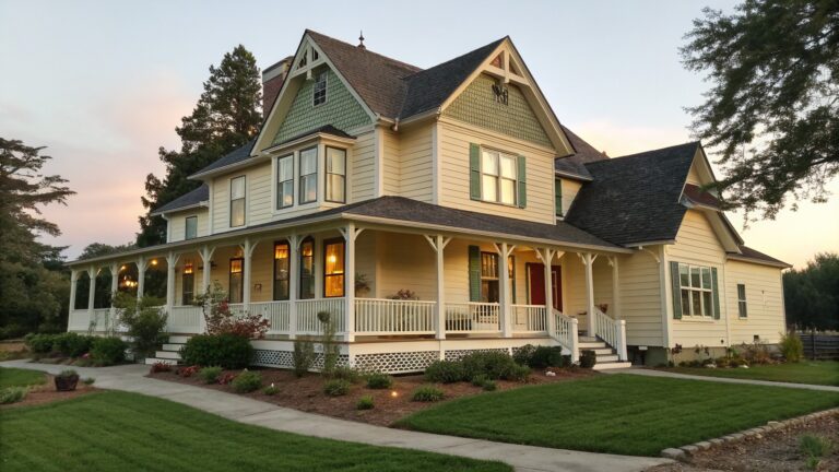 Yellow Victorian house with wrap-around porch, flower garden, and green lawn at dusk