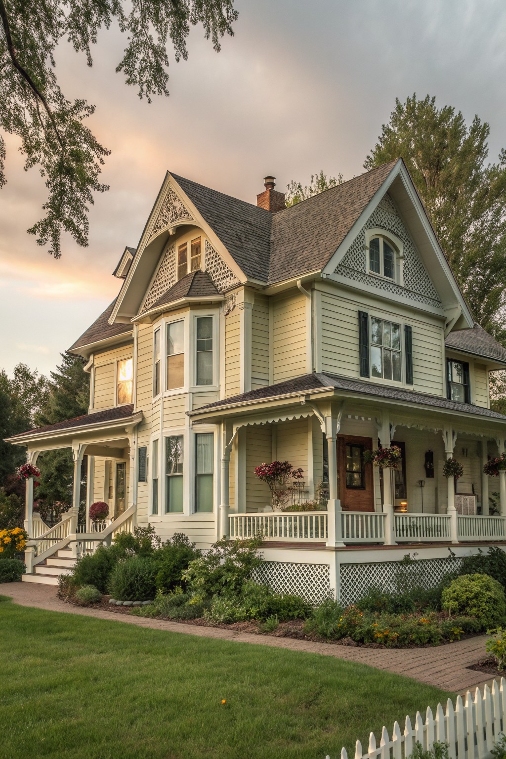 Yellow Victorian house with wrap-around porch, flower garden, and green lawn at dusk