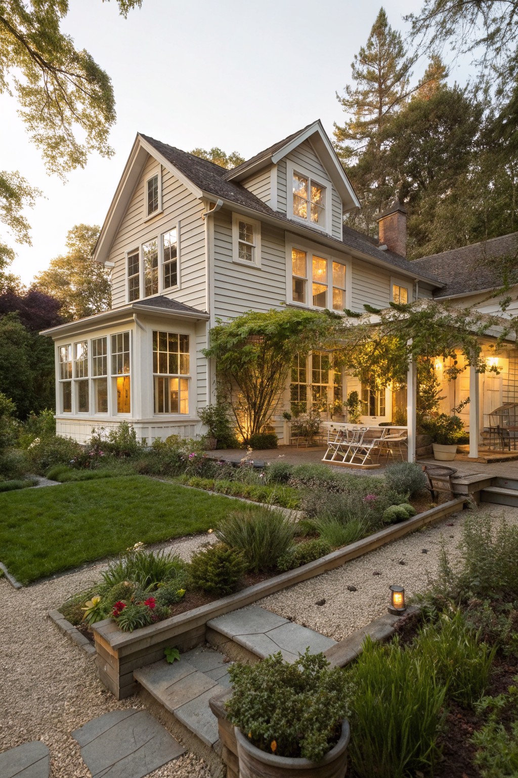 Two-story white house with glowing windows, lush garden, patio, and trees at dusk