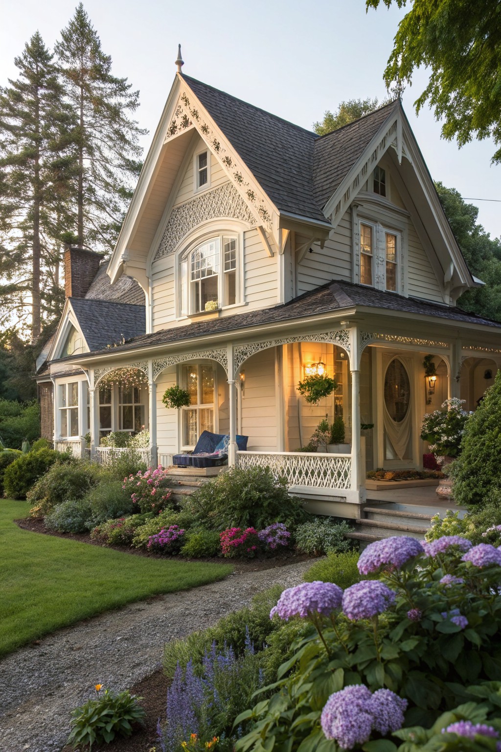 Victorian house with ornate porch, lit windows, and blooming purple hydrangeas at dusk