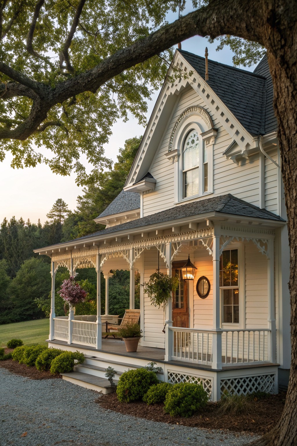 A white Victorian farmhouse with an ornate wraparound porch, steep gabled roof, arched window, and surrounding shrubs and trees.
