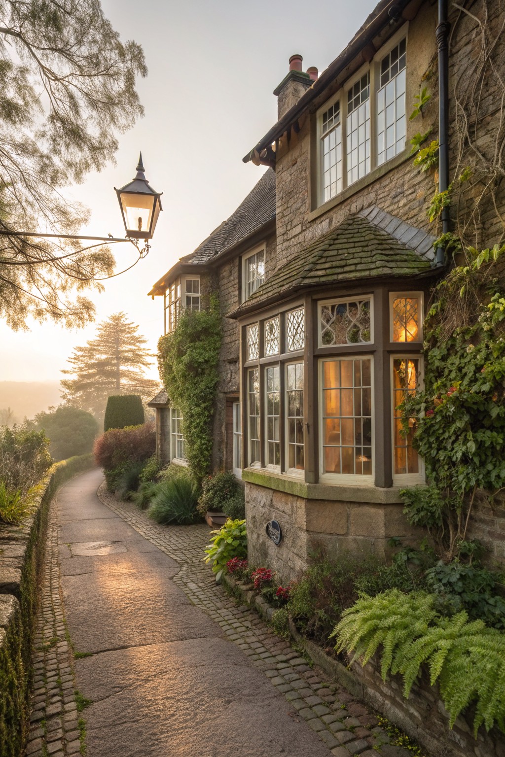 A stone house exterior with multiple windows, climbing vines on the walls, a bay window section, and a cobblestone path leading past a lit lantern.