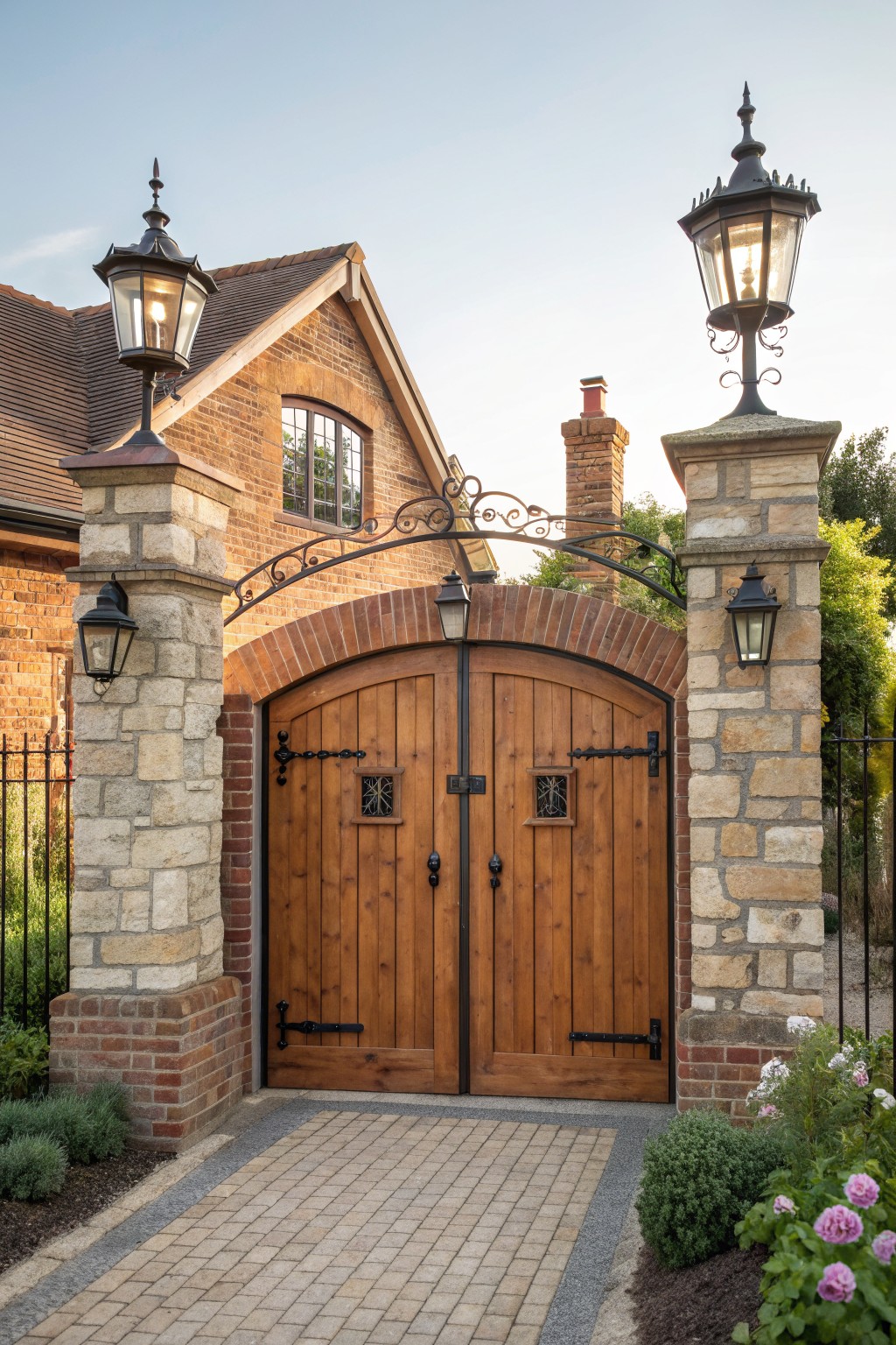 A large wooden double gate with an arched brick surround is set between stone pillars topped with lit lanterns in front of a brick house.