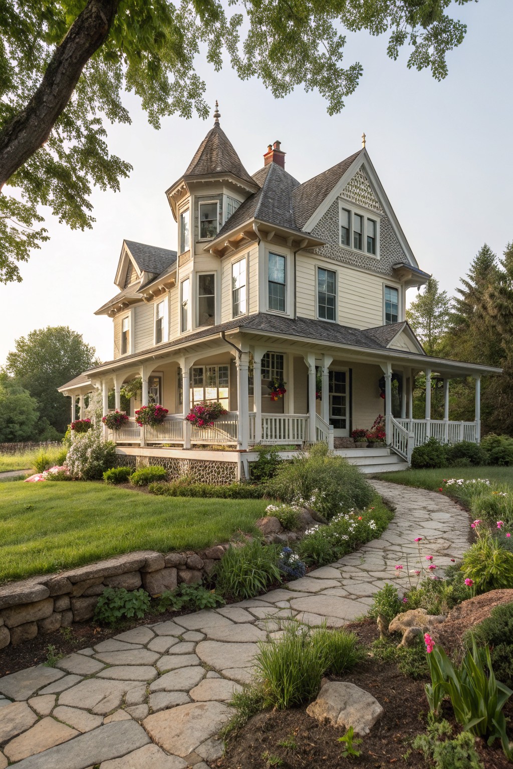 Ornate Victorian house with turret, porch, and flower-lined stone pathway in garden.