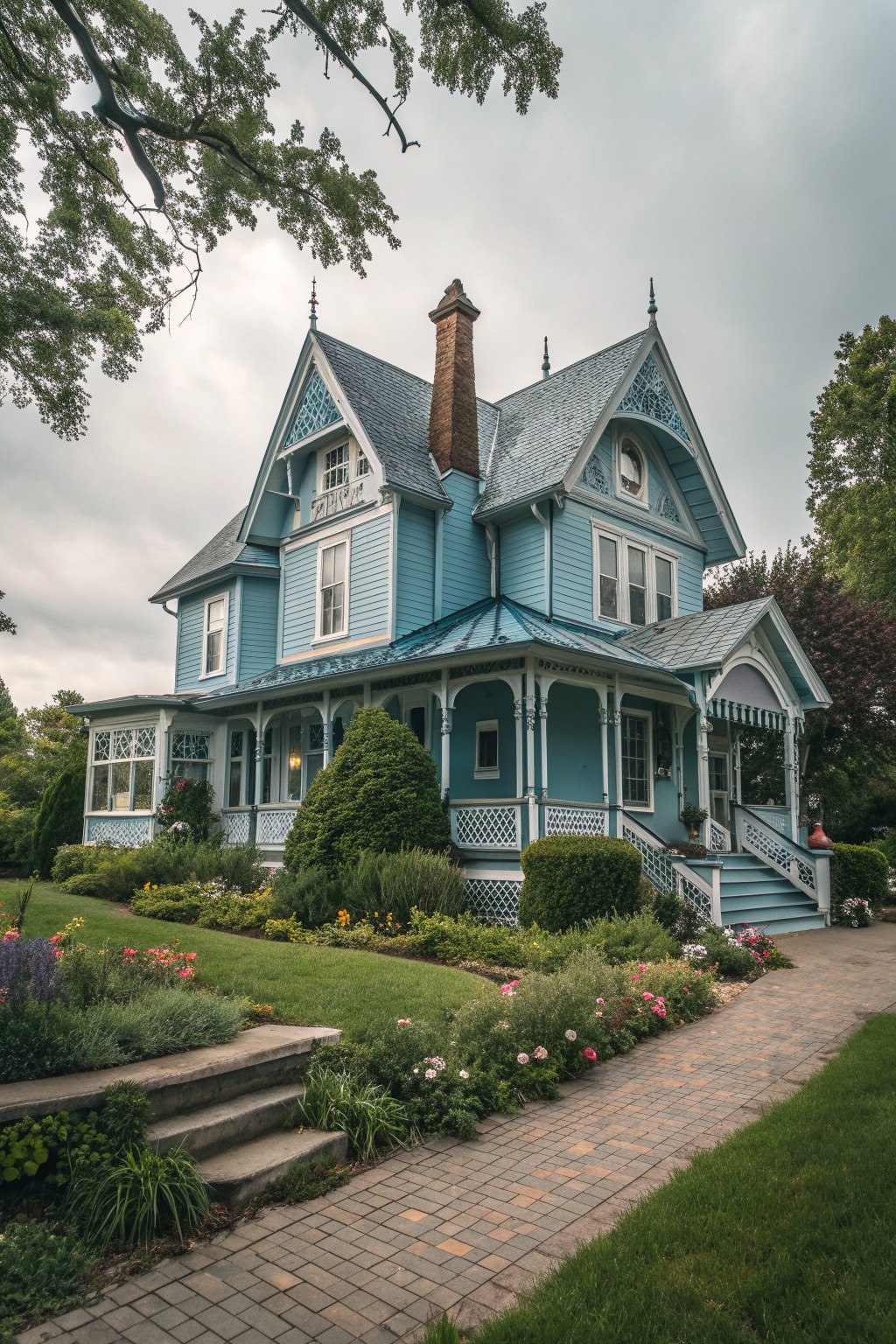 Ornate light blue Victorian house with gabled roof and flower-lined brick path