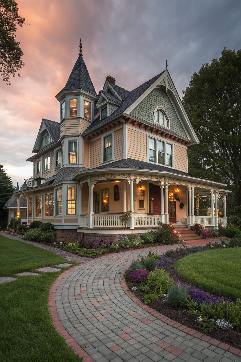 Victorian mansion with turret, wraparound porch, and curving brick path in garden at dusk