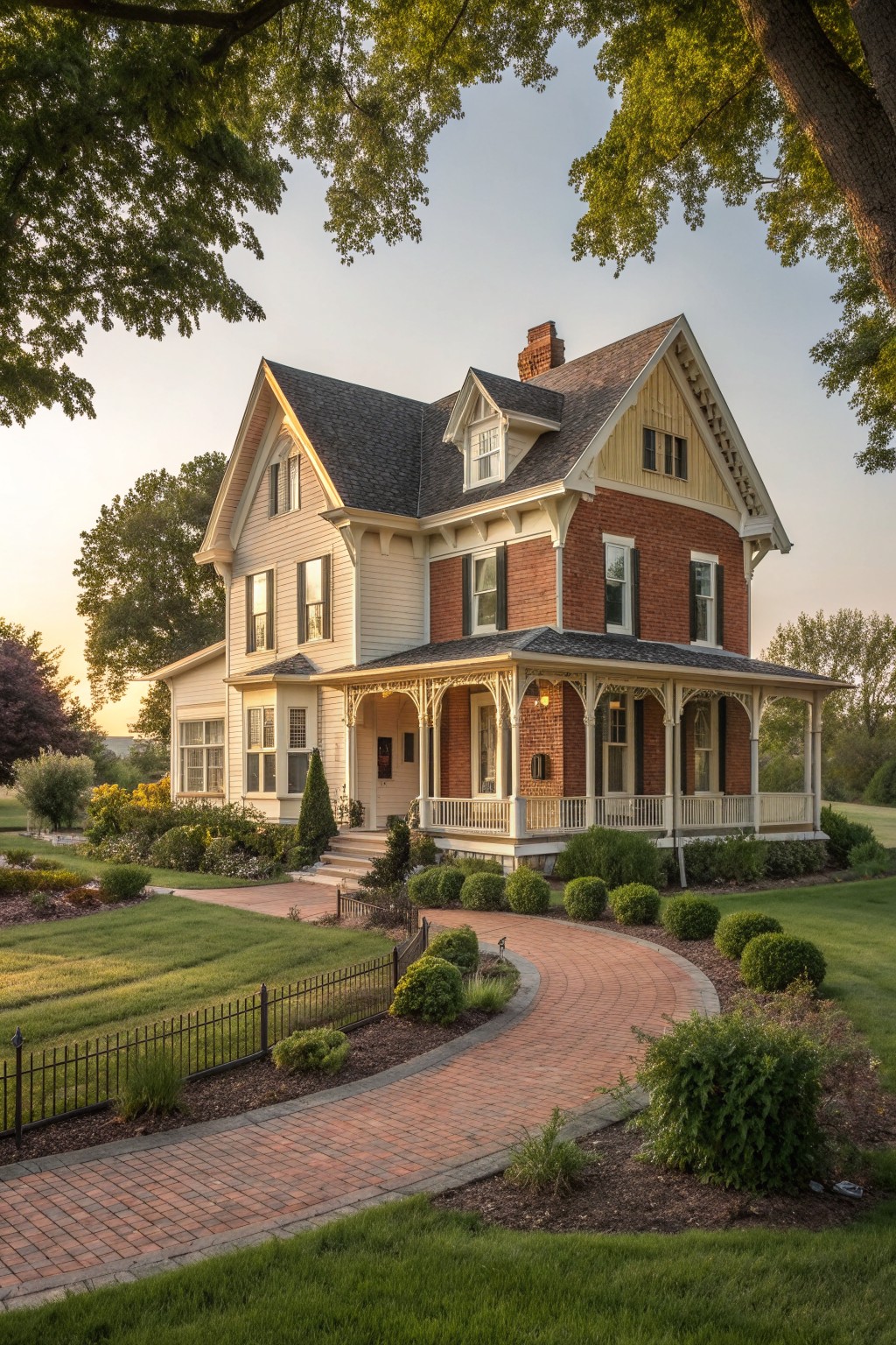Victorian brick house with wraparound porch along curved brick path amid gardens and trees