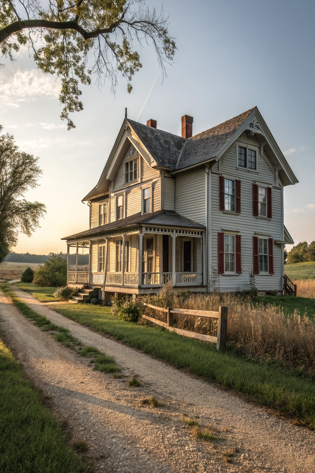 Large white house with red shutters and porch beside dirt road at sunset